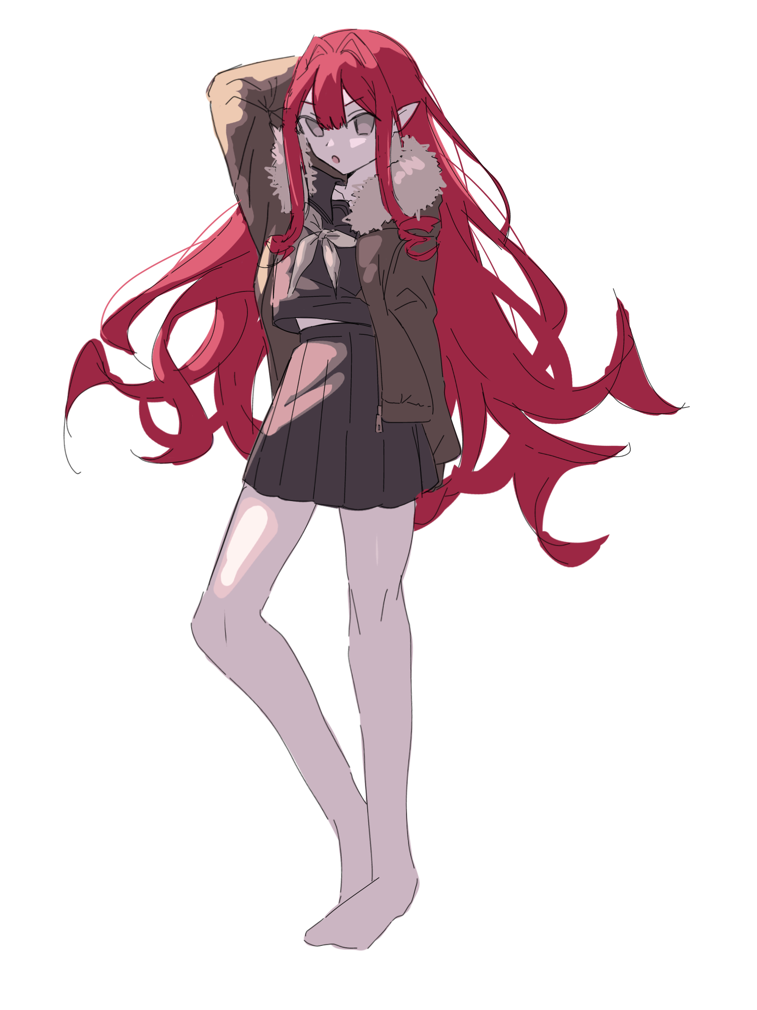 590kogure590, baobhan sith (fate), fate/grand order, fate (series), highres, 1girl, barefoot, black sailor collar, black shirt, black skirt, brown jacket, grey eyes, jacket, long hair, open clothes, open jacket, open mouth, pleated skirt, pointy ears, red hair, sailor collar, school uniform, shirt, skirt, solo