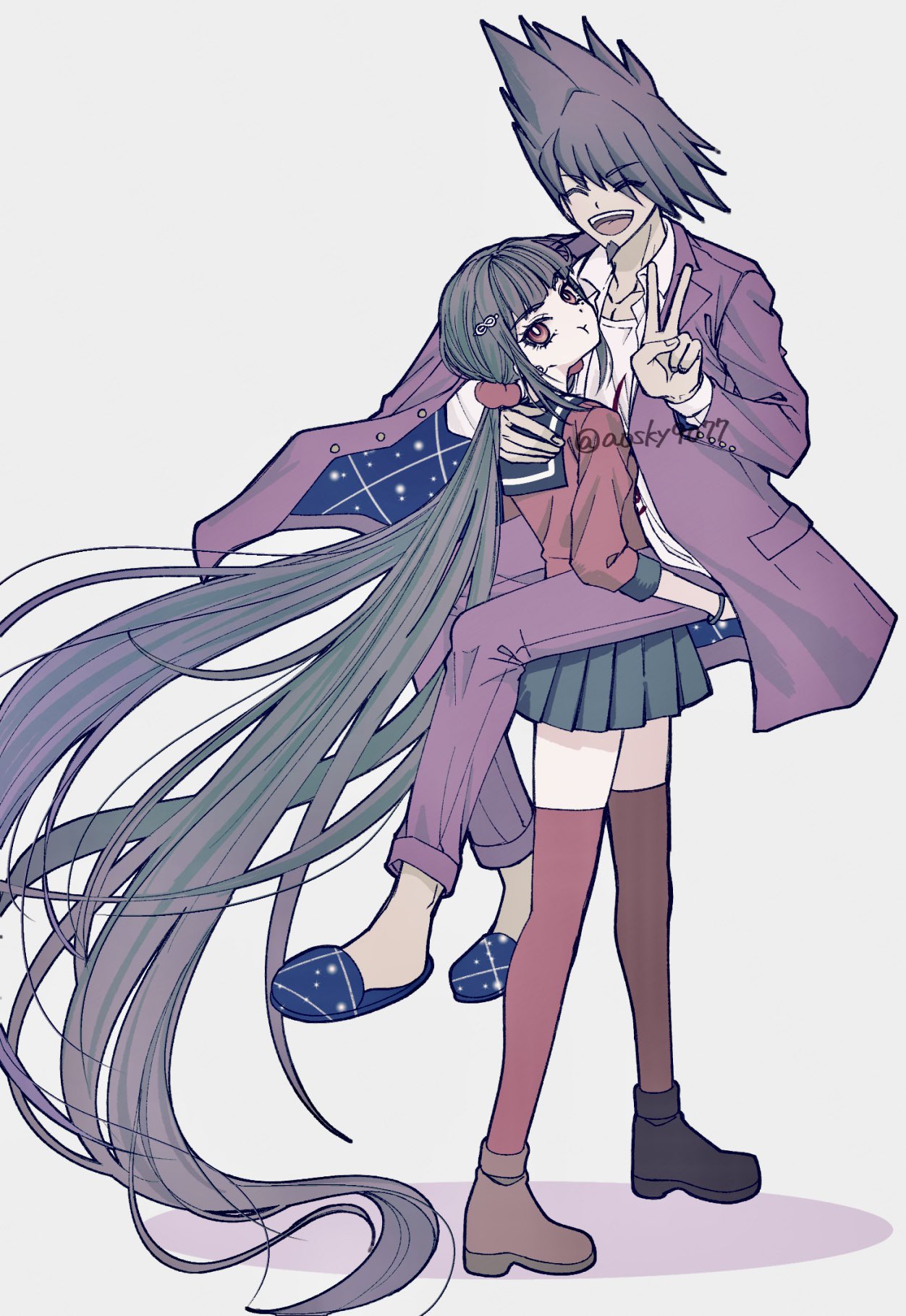 satori (aosky9077), harukawa maki, momota kaito, danganronpa (series), danganronpa v3: killing harmony, highres, 1boy, 1girl, :d, black hair, black sailor collar, blunt bangs, brown shoes, carrying, carrying person, hair ornament, hair scrunchie, hairclip, long hair, long sleeves, looking at viewer, low twintails, mole, mole under eye, open mouth, pleated skirt, red eyes, red scrunchie, red shirt, red thighhighs, sailor collar, scrunchie, shirt, shoes, simple background, skirt, smile, solo, spiked hair, thighhighs, twintails, v, white background