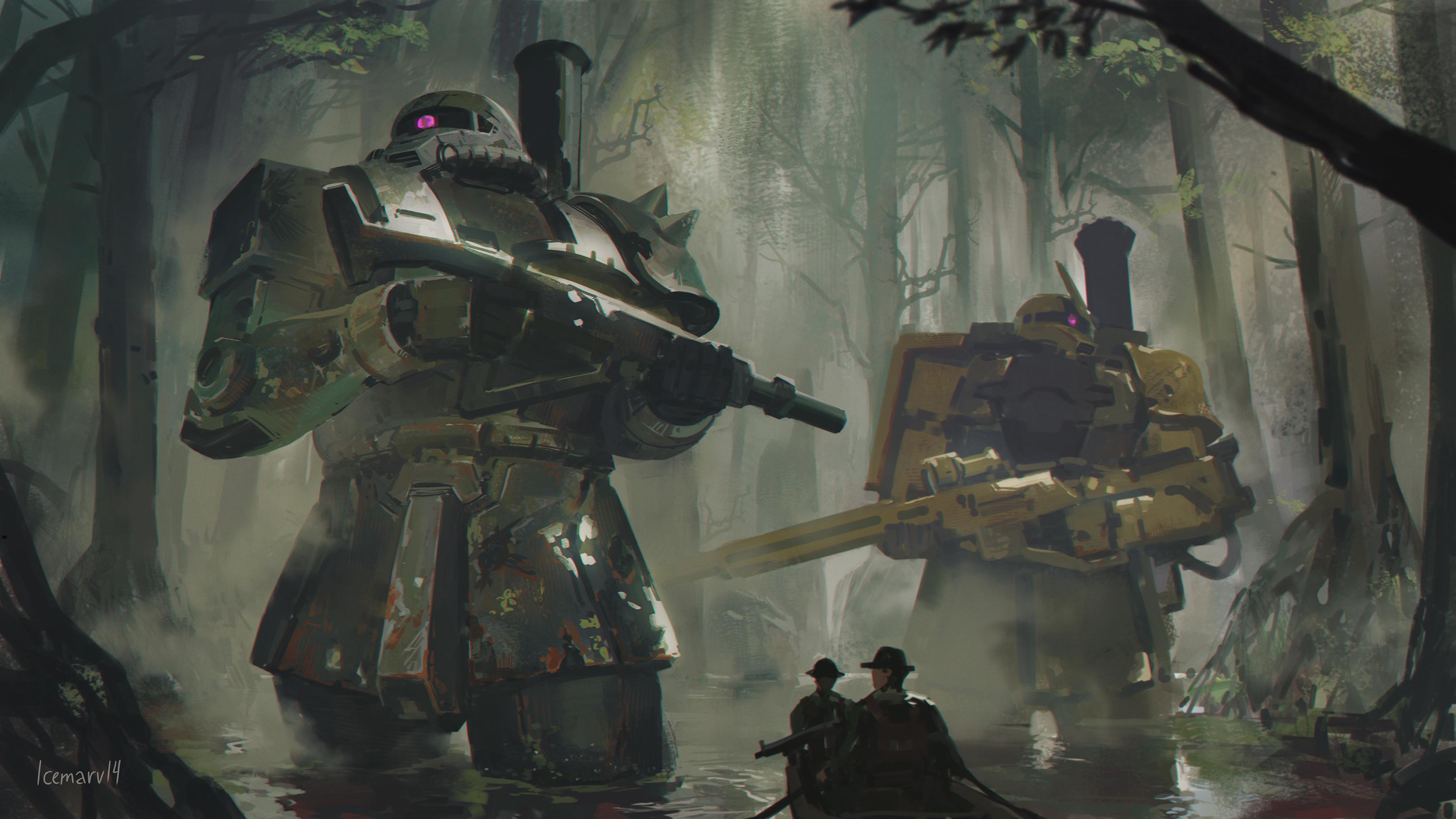 icemarv14, zaku i sniper type, zaku ii, gundam, gundam unicorn, absurdres, commentary, english commentary, highres, 2boys, artist name, boat, cowboy shot, day, green jacket, gun, hat, holding, holding gun, holding weapon, horns, jacket, mecha, mecha focus, mobile suit, multiple boys, one-eyed, outdoors, purple eyes, rifle, robot, rowboat, science fiction, shoulder spikes, single horn, sniper rifle, soldier, spikes, standing, tree, wading, water, watercraft, weapon, wetland, zeon