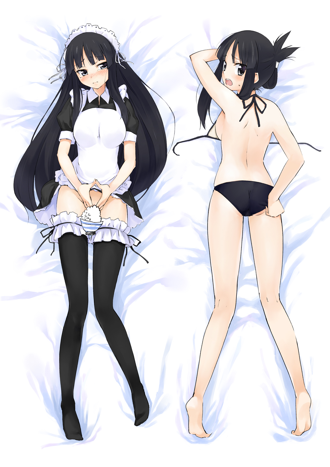 u (the unko), akiyama mio, k-on!, highres, 00s, 1girl, alternate costume, ass, bare back, barefoot, bikini, black hair, blush, bowl, breasts, censored, cup, dakimakura (medium), enmaided, feet, frilled thighhighs, frills, heart, heart hands, legs, long hair, maid, maid headdress, moe moe kyun!, multiple views, no panties, novelty censor, rice bowl, rice cup, sideboob, swimsuit, tears, thighhighs