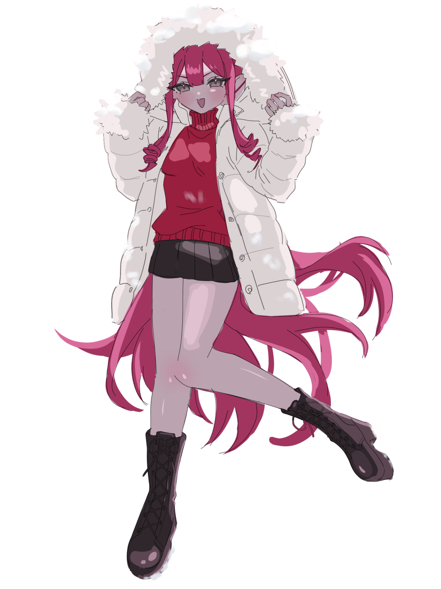 590kogure590, baobhan sith (fate), fate/grand order, fate (series), highres, 1girl, black boots, blush, boots, coat, grey eyes, long hair, looking at viewer, miniskirt, open clothes, open coat, open mouth, pointy ears, red hair, red shirt, shirt, skirt, smile, solo, very long hair, white coat