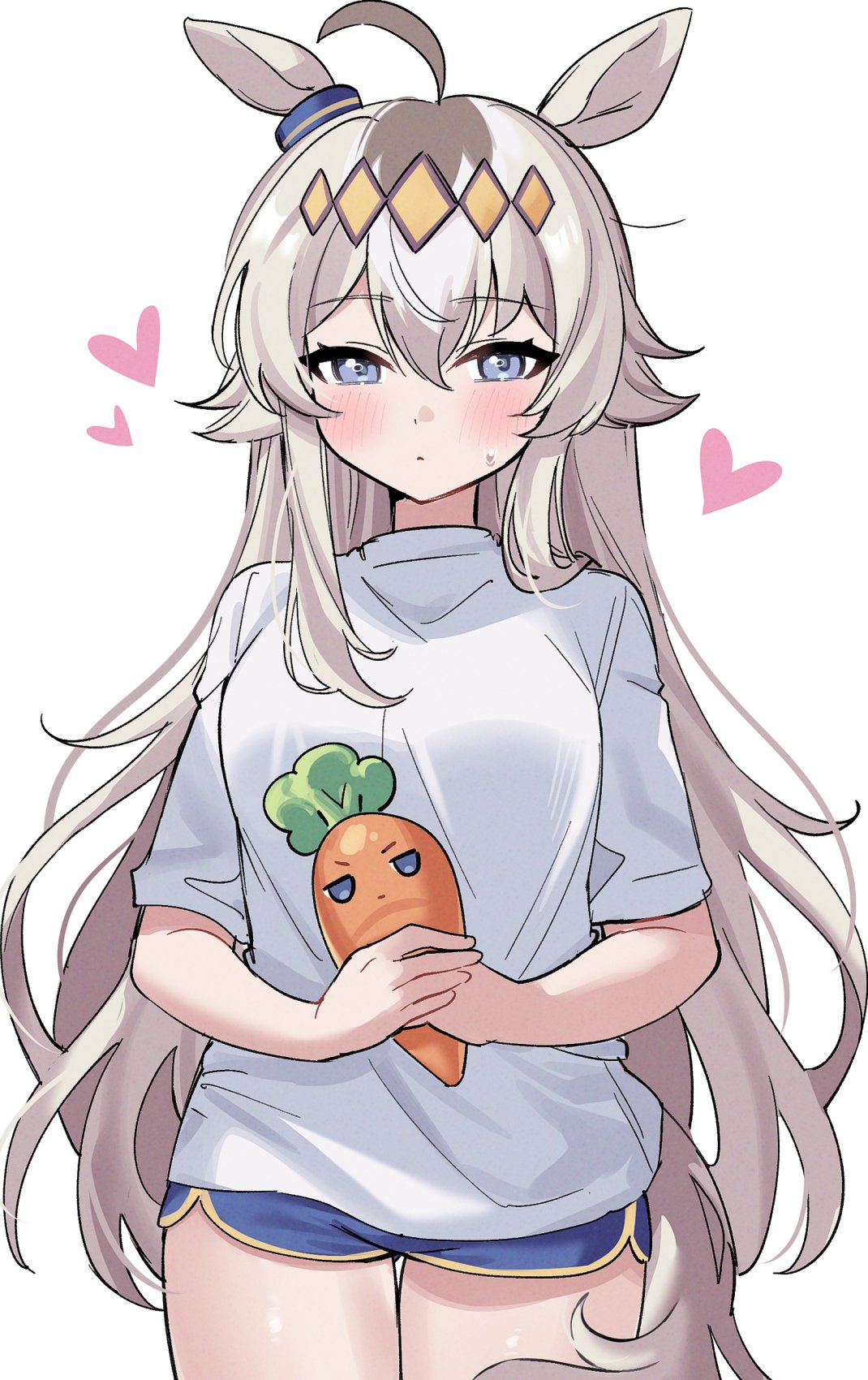 oguri cap (umamusume), umamusume, highres, 1girl, ahoge, animal ears, blue eyes, blue shorts, blush, breasts, carrot, closed mouth, ear ornament, eyemethyst, grey hair, grey tail, hair between eyes, hair ornament, hairband, heart, holding, horse ears, horse girl, horse tail, long hair, looking at viewer, medium breasts, multicolored hair, shirt, shorts, simple background, solo, stuffed carrot, sweatdrop, tail, white background, white shirt