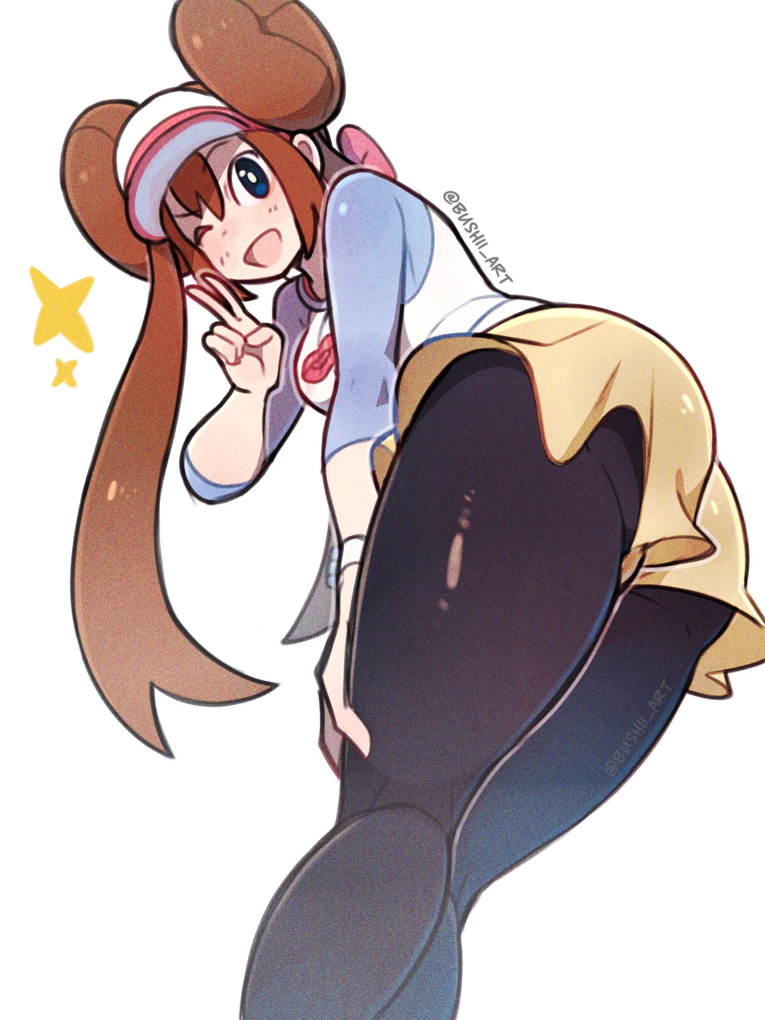 bushii (bo0xhy), rosa (pokemon), nintendo, pokemon, pokemon bw2, highres, 1girl, ass, black pantyhose, blue eyes, blush, breasts, brown hair, donut hair bun, double bun, hair bun, hat, long hair, looking at viewer, looking back, medium breasts, one eye closed, open mouth, pantyhose, pantyhose under shorts, poke ball print, raglan sleeves, shirt, shorts, simple background, smile, solo, star (symbol), twintails, v, visor cap, white background, yellow shorts