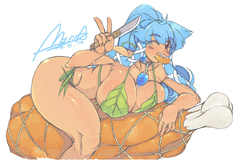 mel/a, melmaid, original, 1girl, bikini, blue hair, blush, boned meat, breasts, curvy, dark-skinned female, dark skin, eating, female focus, food, huge breasts, knife, large breasts, leaf bikini, legs, long hair, meat, one eye closed, ponytail, red eyes, sidelocks, signature, solo, swimsuit, tan, thick thighs, thighs, v, wink
