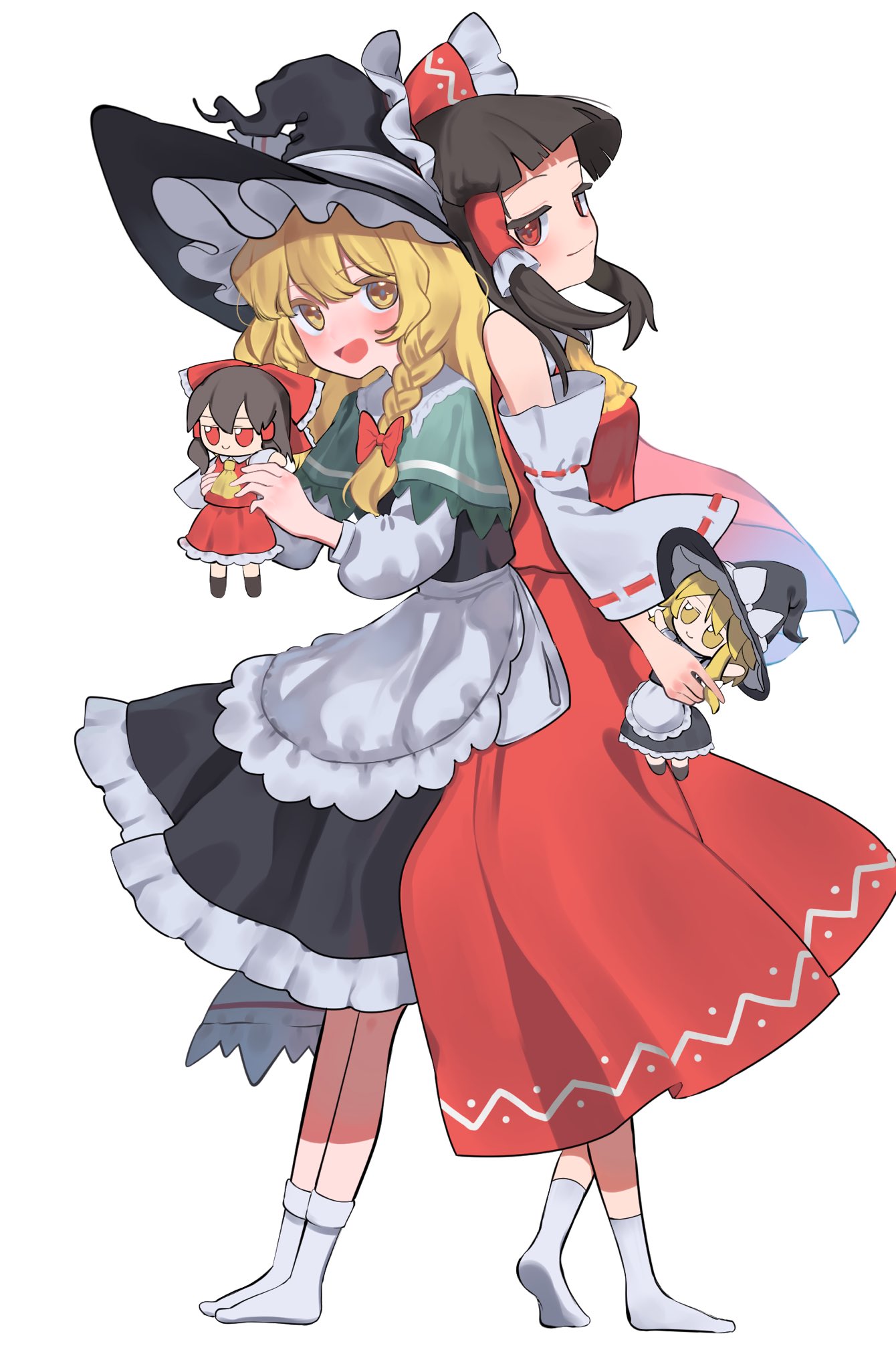 niru (ka k 0517), hakurei reimu, kirisame marisa, touhou, commentary request, highres, 2girls, :d, apron, ascot, back-to-back, black hair, black hat, black skirt, black vest, blonde hair, blunt bangs, bow, braid, capelet, character doll, closed mouth, detached sleeves, doll, frilled bow, frilled hair tubes, frilled hat, frilled skirt, frills, full body, fumo (doll), green capelet, hair bow, hair tubes, hat, holding, holding doll, long hair, long skirt, long sleeves, looking at viewer, medium skirt, multiple girls, no shoes, open mouth, red bow, red eyes, red shirt, red skirt, ribbon-trimmed sleeves, ribbon trim, shirt, side braid, sidelocks, simple background, skirt, sleeveless, sleeveless shirt, smile, socks, standing, vest, white background, white shirt, white sleeves, white socks, witch hat, yellow ascot, yellow eyes