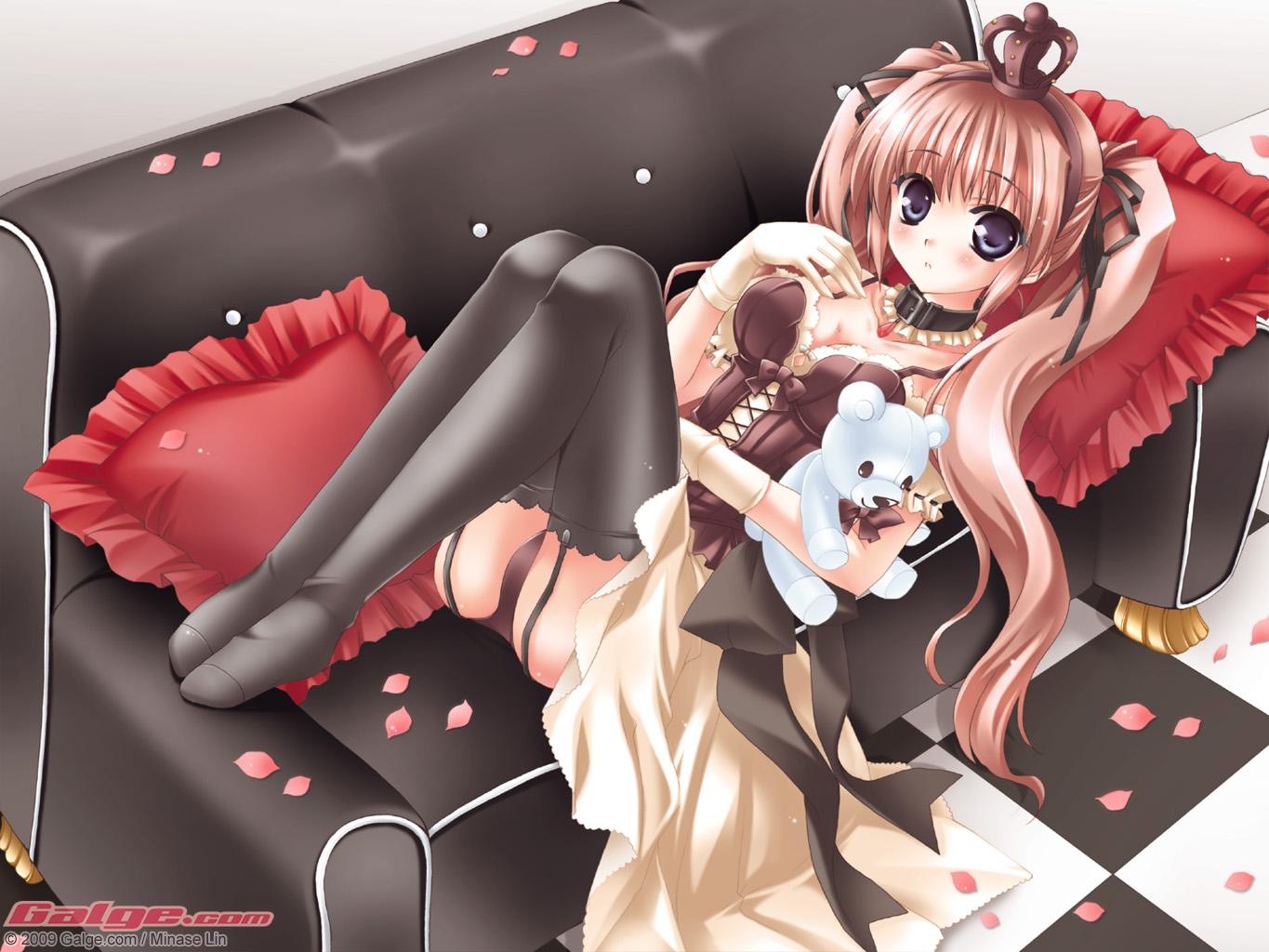 minase lin, galge.com, 00s, 1girl, 2009, artist name, ass, black thighhighs, blue eyes, blush, breasts, brown hair, checkered floor, cleavage, collar, couch, crown, female focus, frilled pillow, frills, garter belt, long hair, lying, medium breasts, panties, petals, pillow, solo, stuffed animal, stuffed toy, teddy bear, thighhighs, twintails, underwear