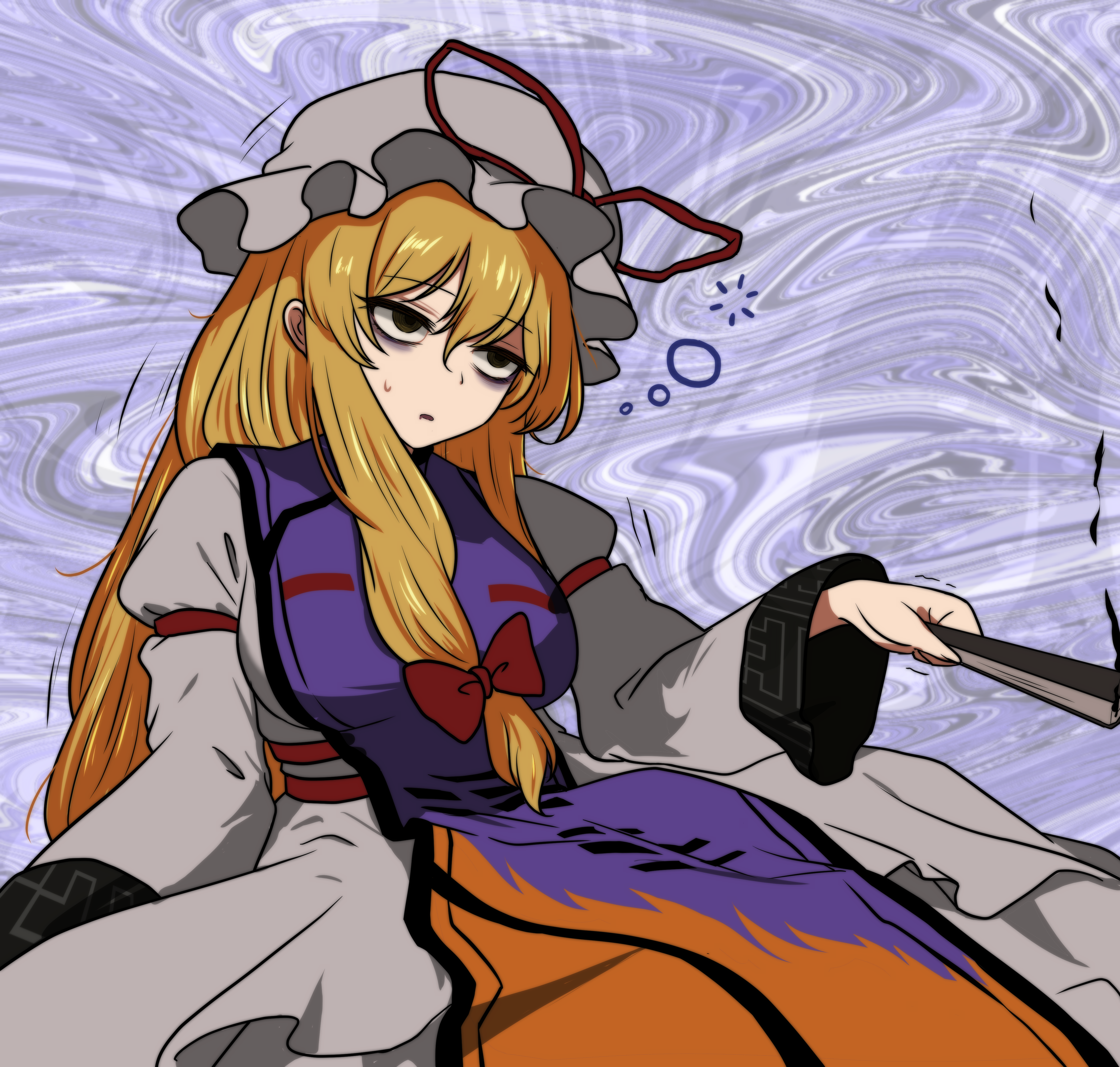 monadmandara, yakumo yukari, touhou, absurdres, commentary request, highres, 1girl, abstract background, bags under eyes, blank eyes, blonde hair, breasts, dress, exhausted, folded fan, folding fan, hair between eyes, hair ribbon, hand fan, hat, holding, holding fan, large breasts, long hair, long sleeves, mob cap, parted lips, purple tabard, ribbon, sleepy, solo, sweatdrop, tabard, trembling, very long hair, white dress