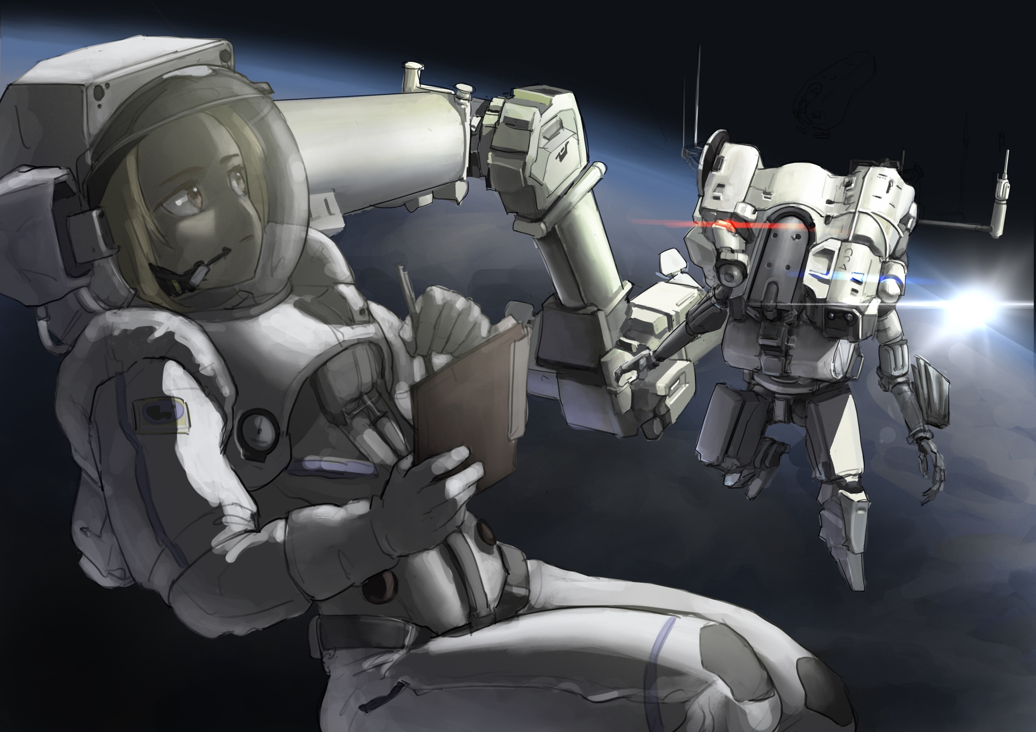 bin jiang, original, absurdres, commentary, highres, 1girl, astronaut, blonde hair, clipboard, holding, holding clipboard, planet, robot, space, spacesuit, sun