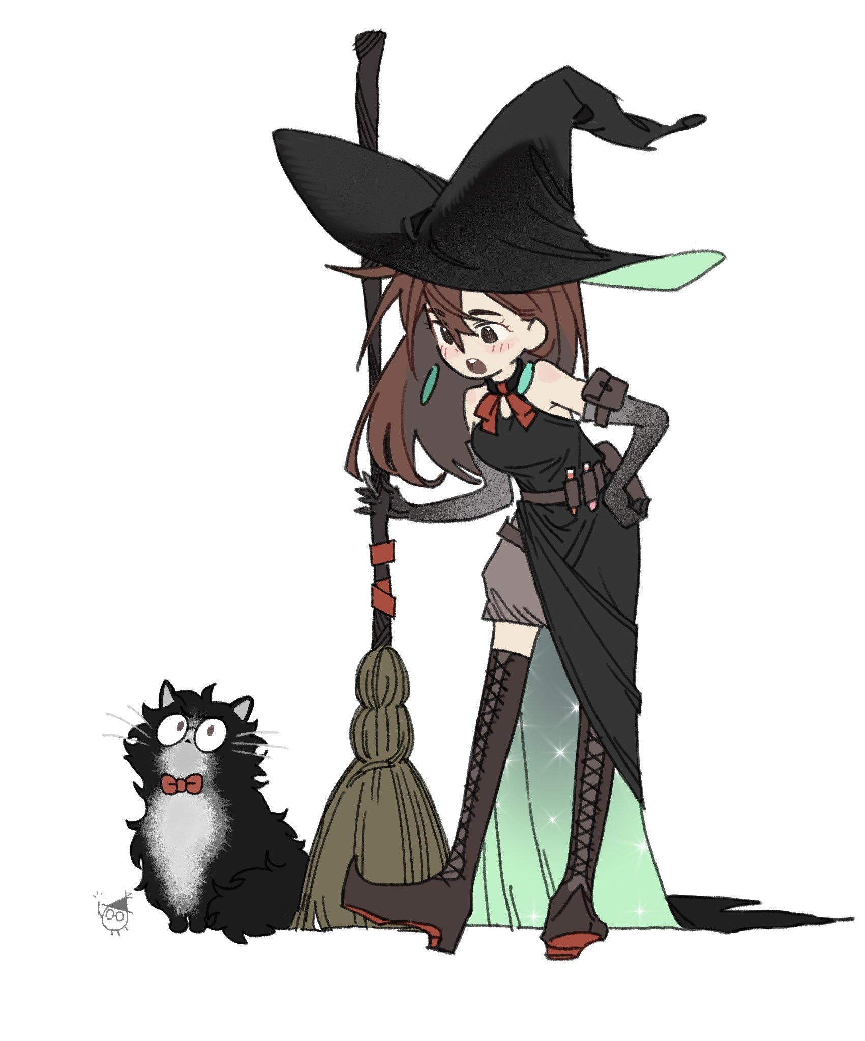 tamatan97, ayase momo, takakura ken (dandadan), dandadan, commentary request, highres, 1boy, 1girl, alternate costume, alternate hair length, alternate hairstyle, animal, animalization, bare shoulders, black boots, black dress, black gloves, black hat, blush, boots, bow, bowtie, broom, brown eyes, brown hair, crossed bangs, dress, earrings, elbow gloves, full body, glasses, gloves, hair between eyes, hand on own hip, hat, holding, holding broom, jewelry, lace-up boots, long hair, looking at another, open mouth, red bow, red bowtie, round eyewear, standing, thigh boots, white background, witch, witch hat