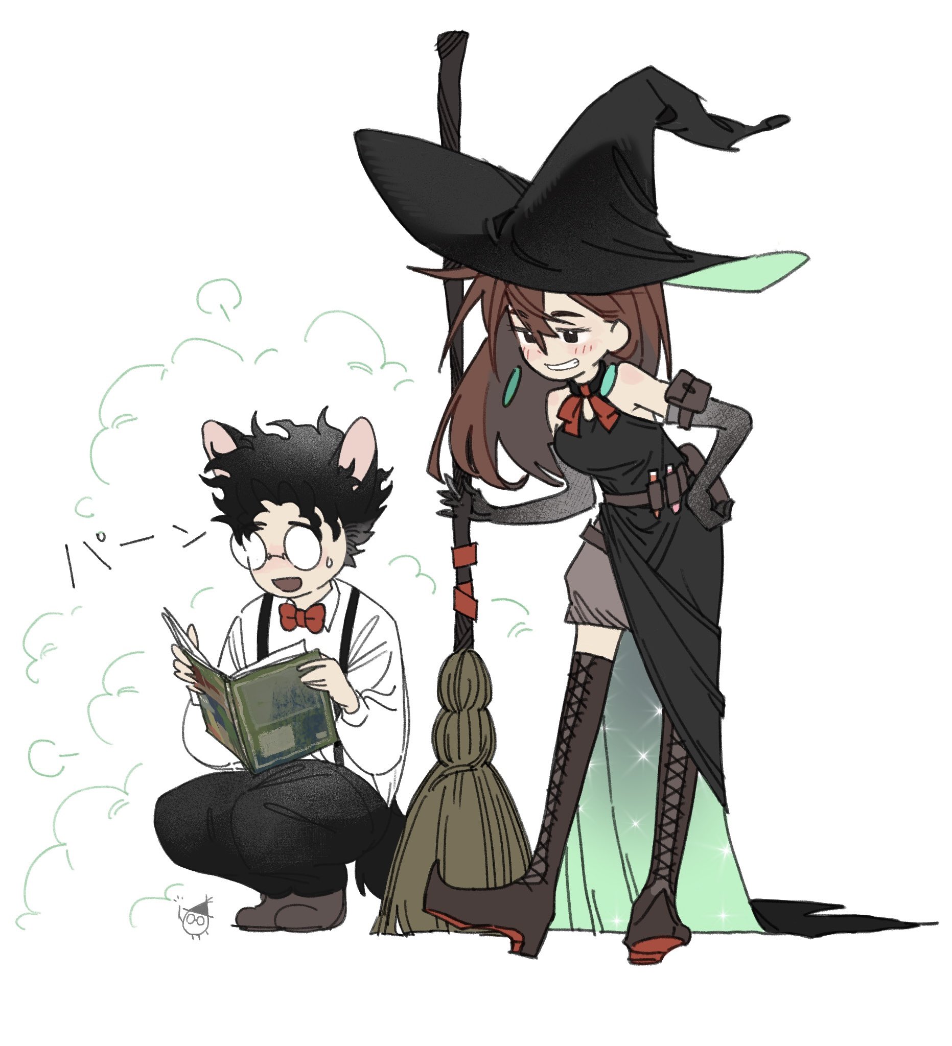 tamatan97, ayase momo, takakura ken (dandadan), dandadan, commentary request, highres, 1boy, 1girl, alternate costume, alternate hair length, alternate hairstyle, animal ears, bare shoulders, black boots, black dress, black gloves, black hair, black hat, black pants, blush, book, boots, bow, bowtie, broom, brown eyes, brown hair, crossed bangs, dress, dust cloud, earrings, elbow gloves, full body, glasses, gloves, grin, hair between eyes, hand on own hip, hat, holding, holding book, holding broom, jewelry, lace-up boots, long hair, looking at another, open mouth, pants, red bow, red bowtie, round eyewear, shirt, smile, squatting, standing, suspenders, sweatdrop, tail, thigh boots, transformation, white background, white shirt, witch, witch hat