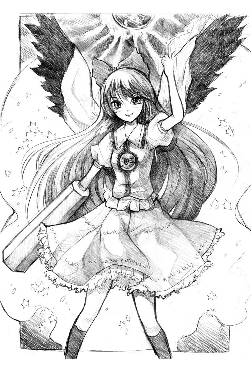 sadakofxe, reiuji utsuho, touhou, bad id, bad pixiv id, graphite (medium), traditional media, 1girl, arm cannon, arm up, black socks, black sun, black wings, bow, cape, female focus, greyscale, hair bow, hand up, kneehighs, long hair, monochrome, pointing, sketch, smile, socks, solo, standing, sun, weapon, wings