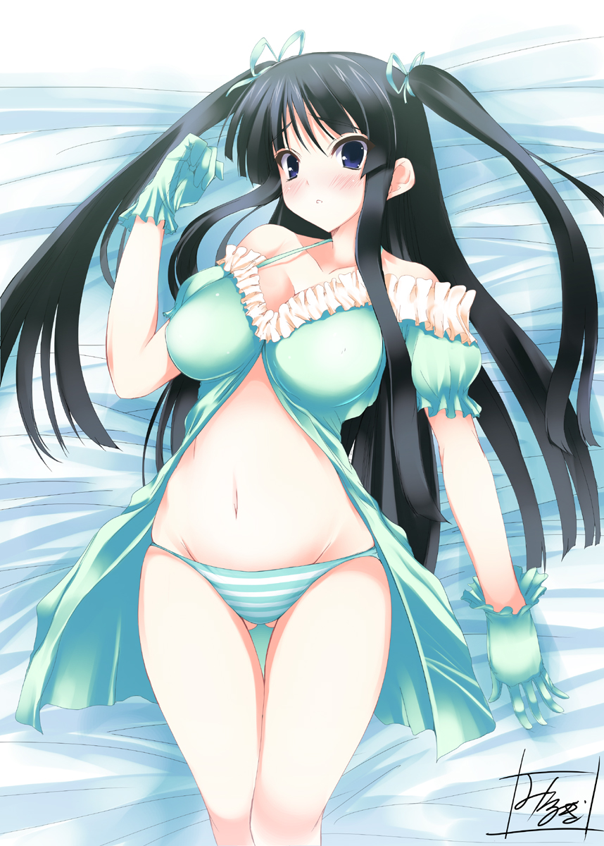 noto kurumi, akiyama mio, k-on!, bad id, bad pixiv id, highres, 00s, 1girl, alternate hairstyle, bare shoulders, bed, black hair, blue eyes, blush, breasts, female focus, gloves, hair ribbon, hip focus, long hair, lying, midriff, navel, on back, panties, ribbon, signature, solo, striped clothes, striped panties, thigh gap, thighs, twintails, underwear, wide hips