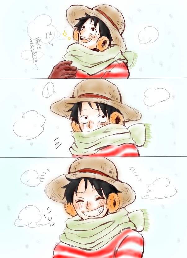 aji of aji55, monkey d. luffy, one piece, commentary request, !, 1boy, black hair, blush, breath, brown gloves, closed eyes, coat, earmuffs, facing viewer, gloves, green scarf, grin, hat, looking at viewer, looking up, male focus, multiple views, notice lines, official alternate costume, open mouth, red coat, scarf, sequential, short hair, smile, sparkle, spoken exclamation mark, straw hat, upper body