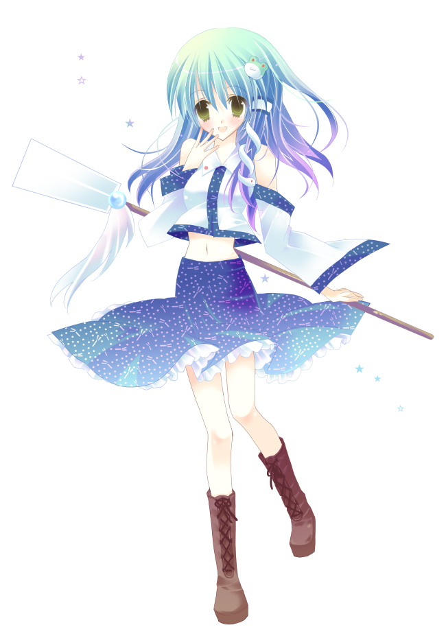 hashimo yuki, kochiya sanae, touhou, bad id, bad pixiv id, 1girl, boots, detached sleeves, female focus, gohei, green eyes, green hair, hair ornament, long hair, matching hair/eyes, midriff, oonusa, solo