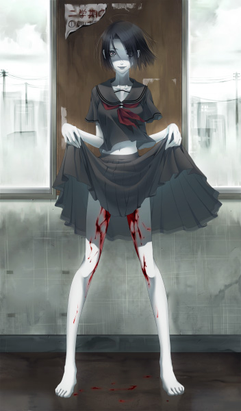 yoshii, original, bad id, bad pixiv id, 1girl, barefoot, black hair, blood, clothes lift, female focus, hair over one eye, legs, menstruation, midriff, pale skin, school uniform, serafuku, short hair, skirt, skirt lift, solo