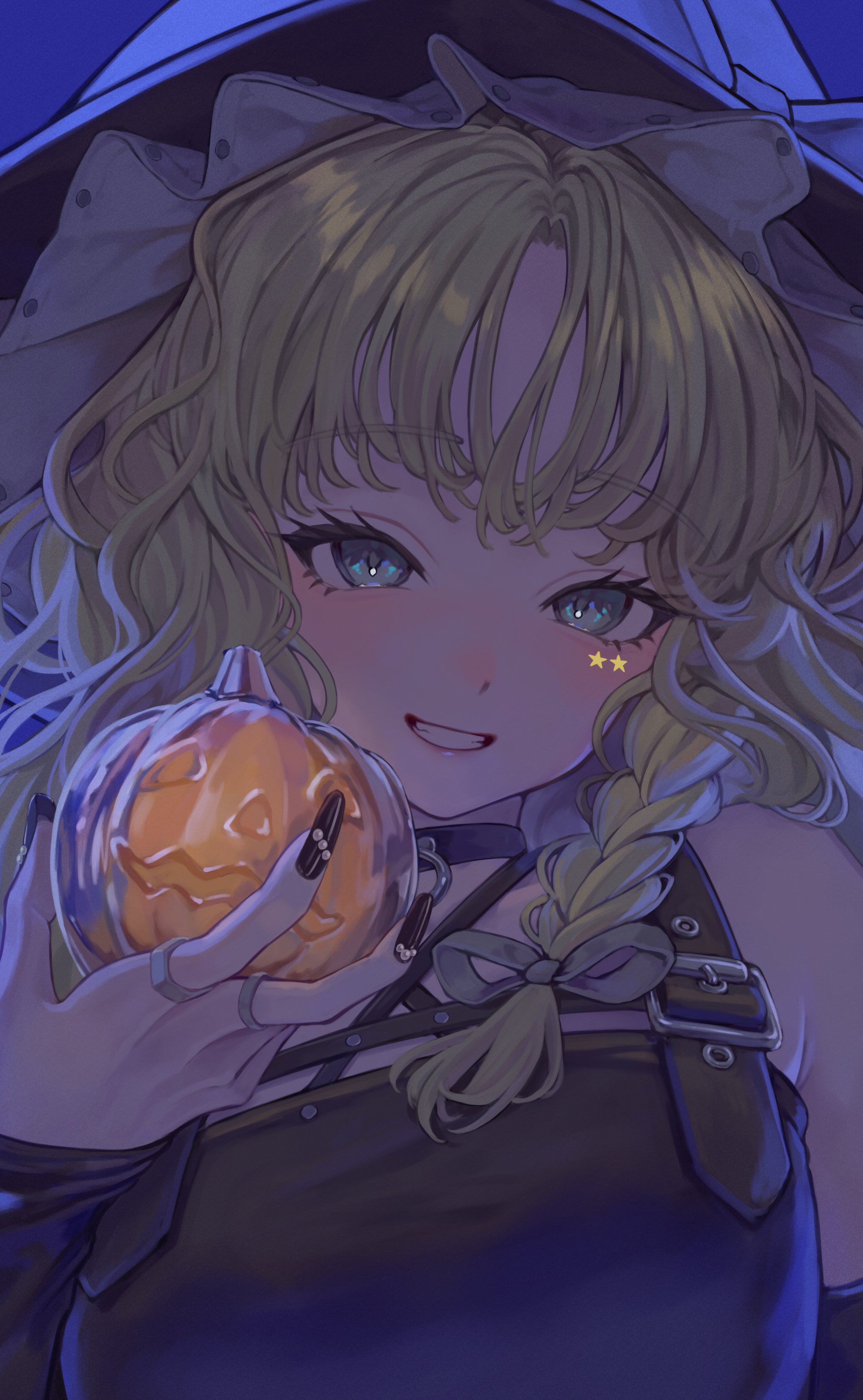 torinari (dtvisu), kirisame marisa, touhou, absurdres, commentary, highres, symbol-only commentary, 1girl, armpit crease, bare shoulders, belt, black belt, black choker, black hat, black nails, black shirt, black sleeves, blonde hair, blue background, blue eyes, braid, choker, criss-cross straps, detached sleeves, frilled hat, frills, grey ribbon, grin, hair ribbon, hand up, hat, holding, holding pumpkin, jewelry, long hair, looking at viewer, multiple rings, nail ornament, o-ring, o-ring choker, portrait, pumpkin, ribbon, ring, shirt, side braid, simple background, smile, solo, star (symbol), star sticker, sticker, sticker on face, wavy hair, witch hat