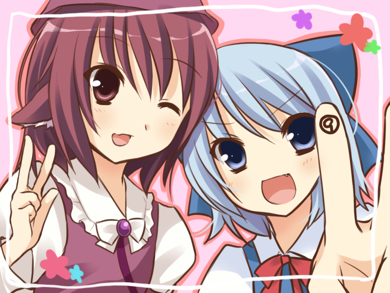 amagu, cirno, mystia lorelei, touhou, bad id, bad pixiv id, 2girls, circled 9, multiple girls, v, wink
