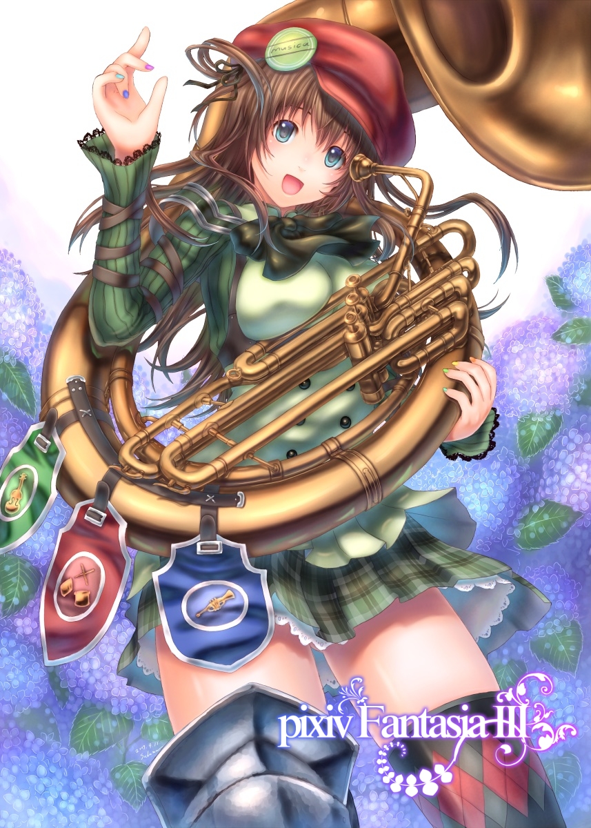 sabamu, pixiv fantasia, pixiv fantasia 3, highres, 1girl, armor, blue eyes, brown hair, female focus, flower, hat, hydrangea, instrument, multicolored nails, nail polish, newsboy cap, ribbon, skirt, solo, sousaphone, thighhighs