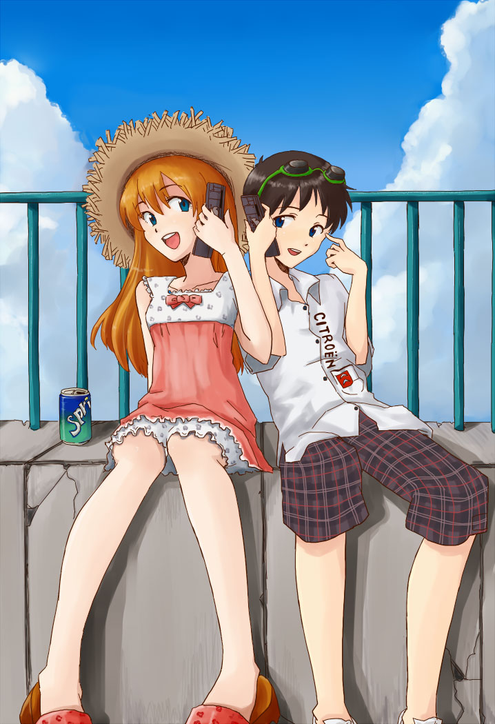 gaju, ikari shinji, souryuu asuka langley, neon genesis evangelion, rebuild of evangelion, sprite (drink), plaid, wall, 00s, 1boy, 1girl, blue eyes, brown hair, can, cellphone, cloud, couple, day, dress, dress shirt, fence, goggles, hat, hetero, legs, open mouth, orange hair, phone, product placement, shirt, shorts, sitting, sky, smile, straw hat, sundress