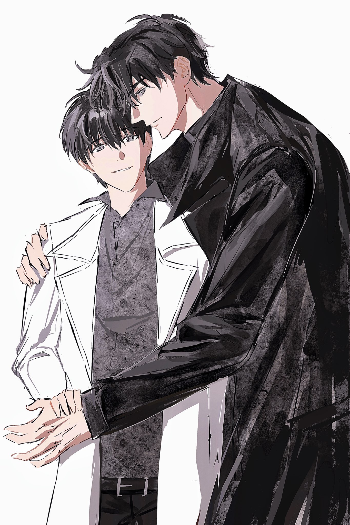 kim dokja, yoo joonghyuk, omniscient reader's viewpoint, highres, 2boys, 8d2suga9, :d, belt, black coat, black eyes, black hair, black shirt, coat, collared shirt, hand on another's shoulder, hug, hug from behind, large hands, looking at viewer, male focus, multiple boys, open clothes, open coat, open mouth, popped collar, shirt, short hair, smile, white coat, yaoi