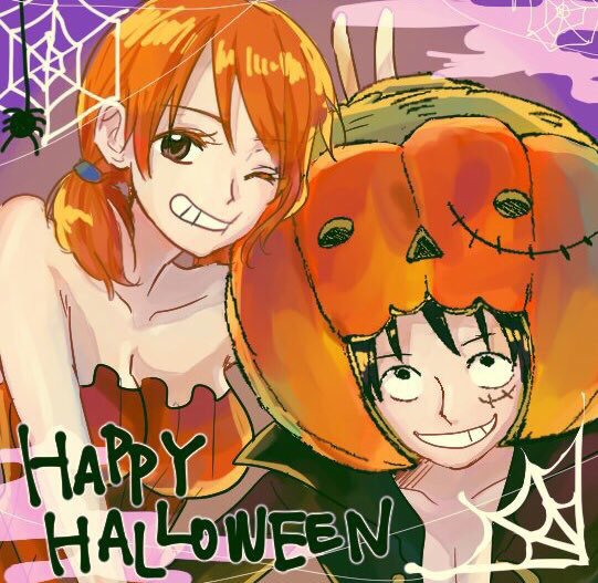 aji of aji55, monkey d. luffy, nami (one piece), one piece, commentary request, 1boy, 1girl, bare shoulders, black hair, breasts, bug, cheek press, cleavage, cloud, cloudy sky, collarbone, dress, facial scar, grin, halloween, halloween costume, happy halloween, large breasts, looking at viewer, low twintails, official alternate costume, one eye closed, orange dress, orange hair, pumpkin, pumpkin hat, scar, scar on cheek, scar on face, short hair, silk, sky, smile, spider, spider web, strapless, strapless dress, twintails, upper body, v