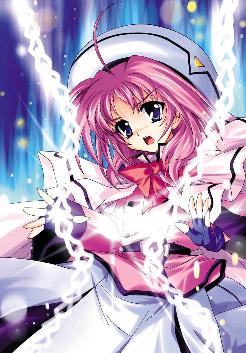 kanna (plum), caro ru lushe, kerykeion (nanoha), lyrical nanoha, mahou shoujo lyrical nanoha, mahou shoujo lyrical nanoha strikers, highres, md5 mismatch, resolution mismatch, source smaller, 00s, 1girl, blue eyes, chain, female focus, gloves, hat, pink hair, solo