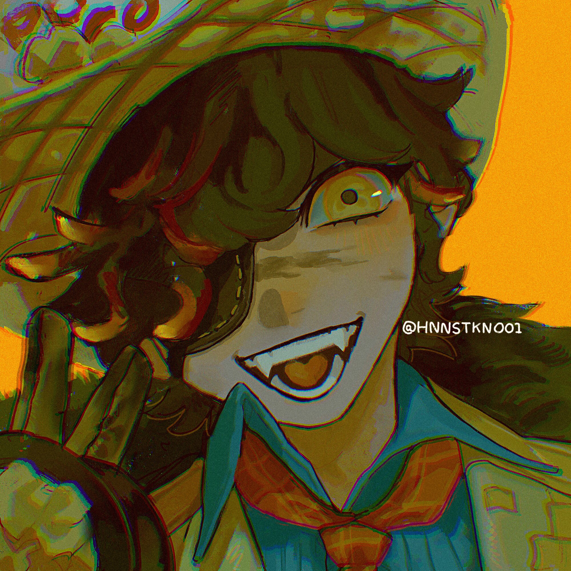 hnnstkn001, florian brand, florian brand ("puffing"), identity v, bad source, highres, protected link, 1boy, brown hair, colored tips, eyepatch, fang, fangs, firefighter helmet, food, fur-trimmed jacket, fur trim, gloves, hat, jacket, male focus, multicolored hair, neckerchief, open mouth, overalls, popcorn, red hair, red neckerchief, scar, scar on face, smile, streaked hair, teeth, tongue, yellow eyes