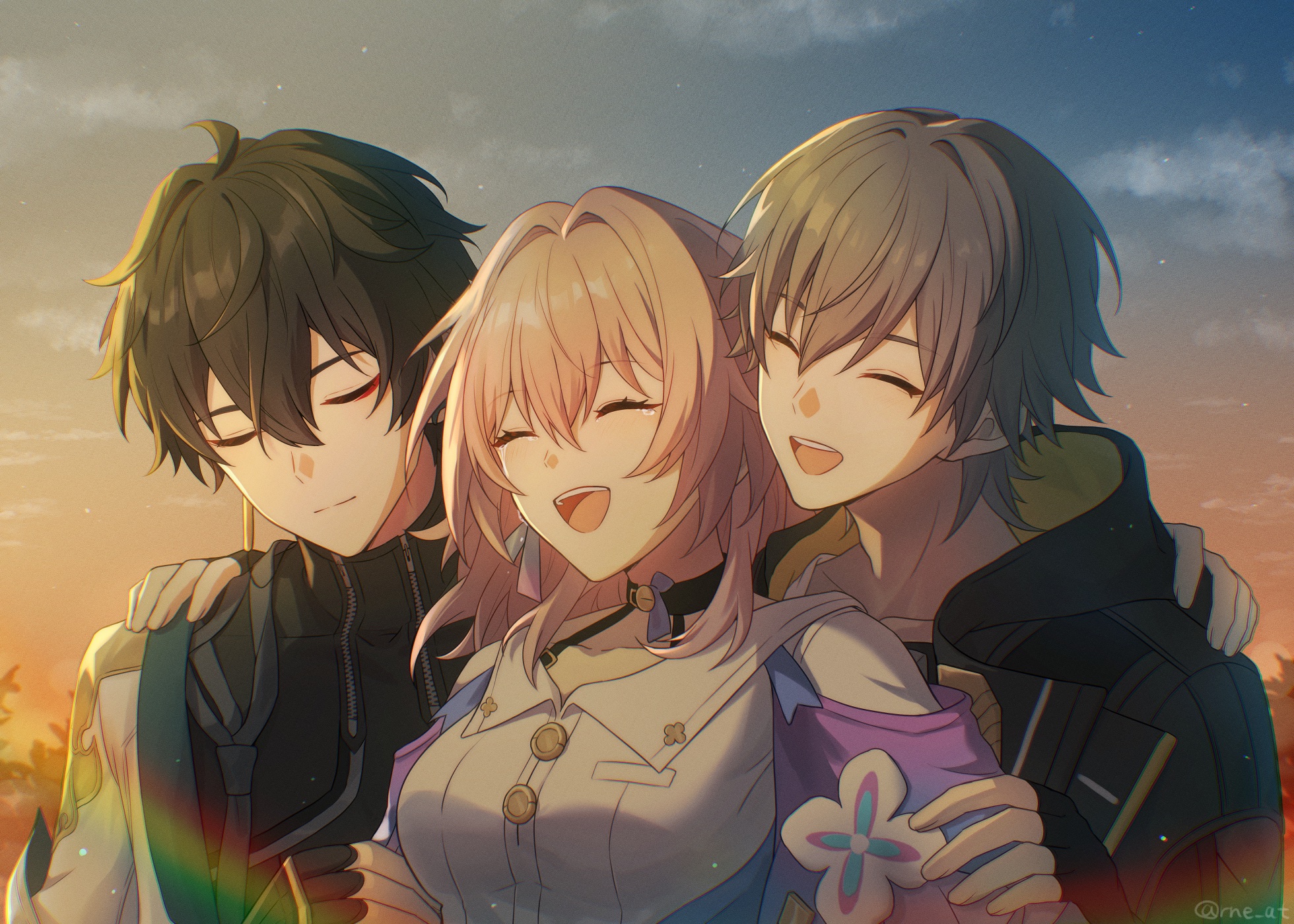 rune (rne at), caelus (honkai: star rail), dan heng (honkai: star rail), dan heng (hunt) (honkai: star rail), march 7th (honkai: star rail), march 7th (preservation) (honkai: star rail), trailblazer (honkai: star rail), honkai: star rail, honkai (series), highres, 1girl, 2boys, artist name, black choker, black coat, black gloves, black hair, black shirt, blue jacket, blue sky, breasts, buttons, chinese clothes, choker, closed eyes, closed mouth, cloud, cloudy sky, coat, collarbone, collared shirt, earclip, earrings, evening, eyeliner, fingerless gloves, fingernails, flower, flower ornament, gloves, grabbing another's arm, gradient sky, grey hair, hair between eyes, hand on another's back, hand on another's shoulder, happy, hood, hooded coat, jacket, jewelry, lapels, makeup, medium breasts, multiple boys, open clothes, open coat, open jacket, open mouth, outdoors, pink hair, rainbow, red eyeliner, shirt, short hair, sidelocks, single earring, sky, smile, tearing up, teeth, tongue, two-sided coat, two-sided fabric, upper body, white flower, white shirt, yellow coat, yellow sky, zipper