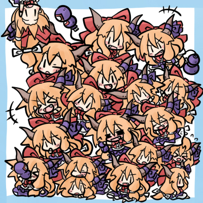 yanagi (nurikoboshi), ibuki suika, touhou, lowres, > <, > <, 6+girls, :d, chibi, clone, closed eyes, fang, female focus, gourd, horns, multiple girls, open mouth, smile, xd, | |