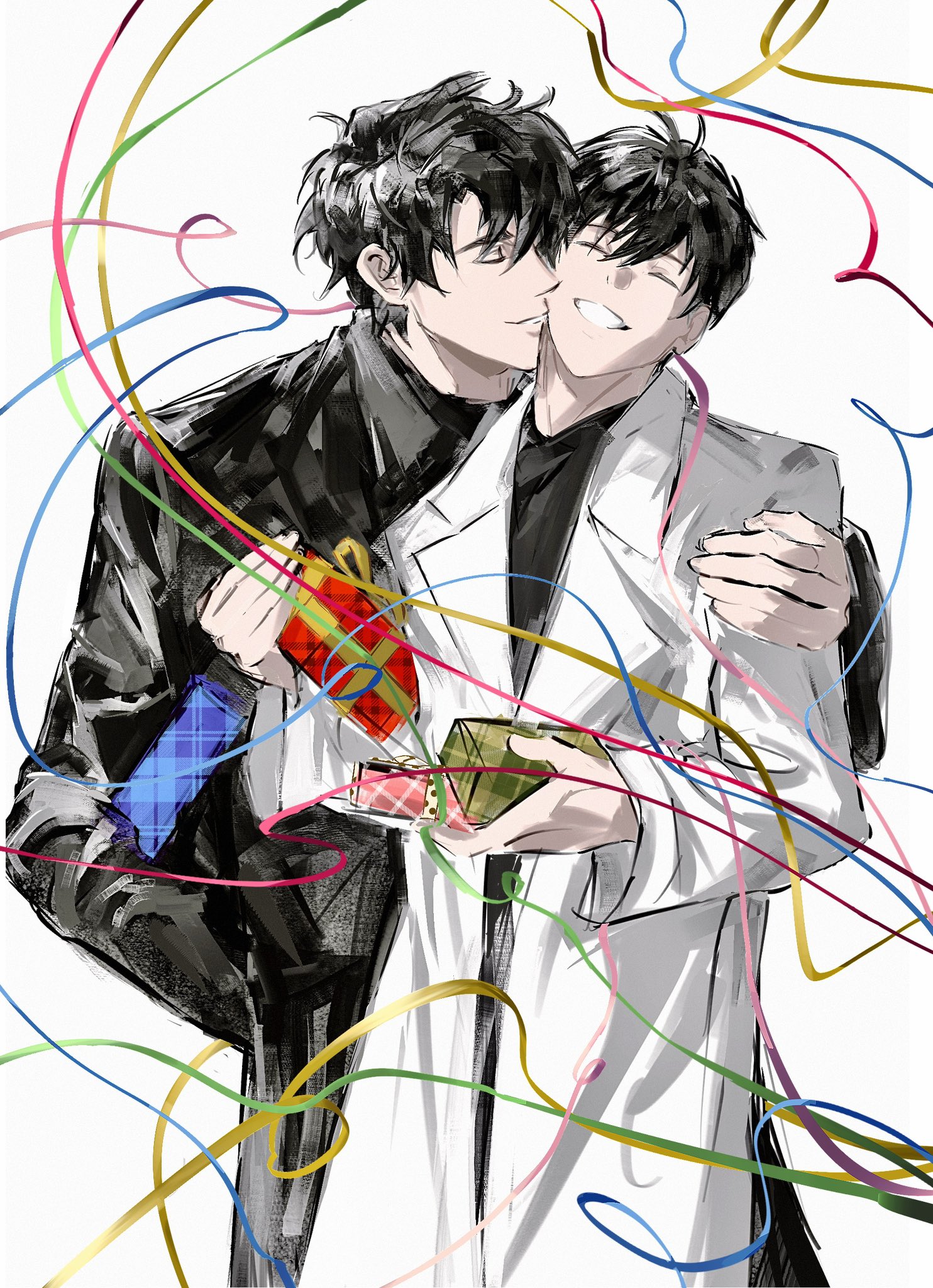 kim dokja, yoo joonghyuk, omniscient reader's viewpoint, highres, 2boys, 8d2suga9, black coat, black hair, black shirt, closed eyes, coat, cowboy shot, curtained hair, facing viewer, gift, grin, hair between eyes, hand in pocket, hand on another's shoulder, head tilt, holding, holding gift, kiss, kissing cheek, large hands, male focus, multiple boys, open clothes, open coat, popped collar, shirt, short hair, smile, streamers, white coat, yaoi