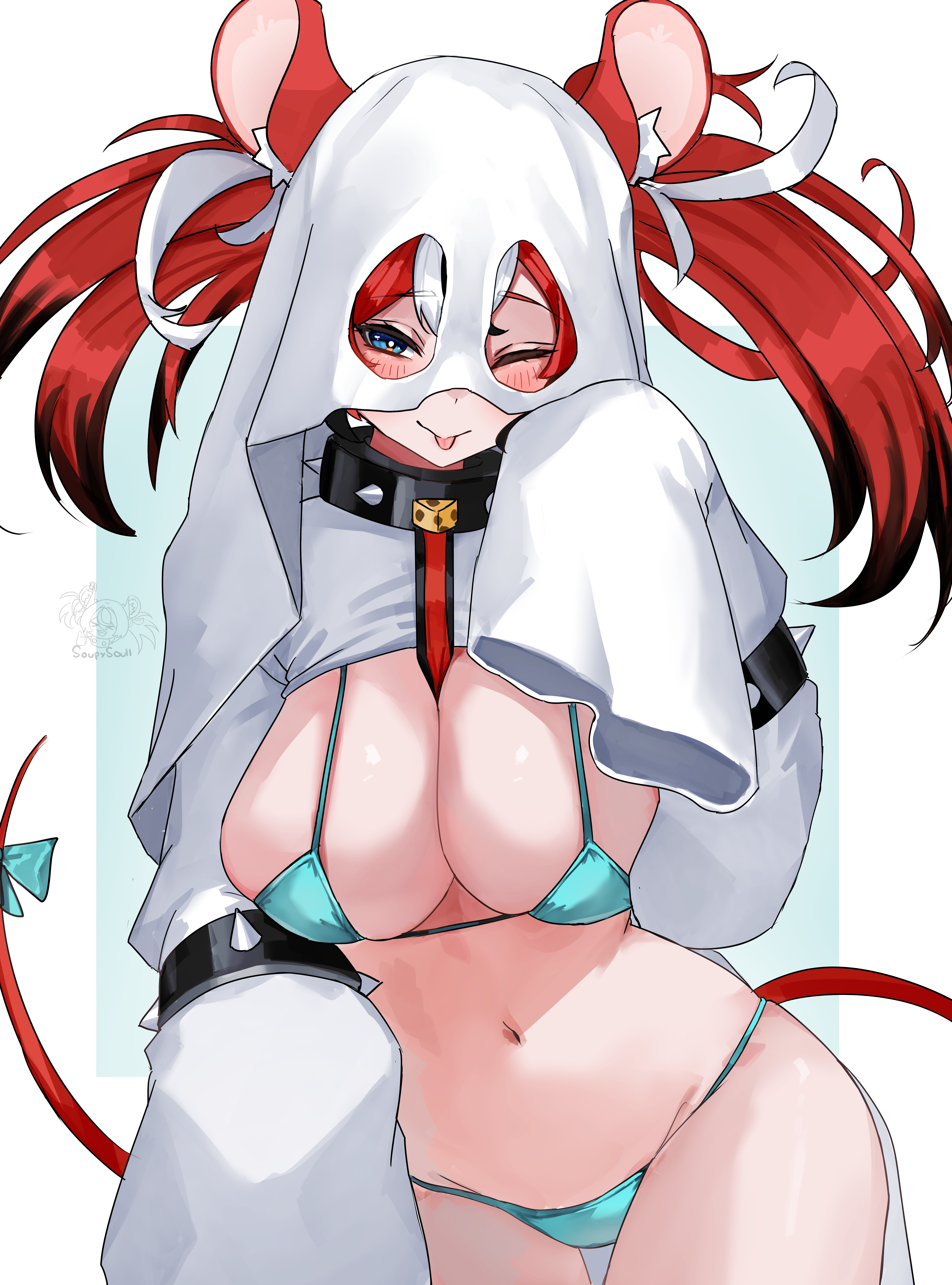 soup (soupysoull), hakos baelz, hololive, hololive english, absurdres, commentary, english commentary, highres, 1girl, ;p, alternate breast size (larger), animal ear fluff, animal ears, aqua bikini, artist name, bikini, black hair, blue eyes, blush, border, bow, breasts, bright pupils, cheese, collar, cowboy shot, food, ghost costume, halloween costume, large breasts, long sleeves, looking at viewer, micro bikini, mouse ears, mouse girl, mouse tail, multicolored hair, navel, one eye closed, outside border, red hair, sheet ghost, shrug (clothing), sleeves past fingers, sleeves past wrists, solo, spiked collar, spikes, standing, streaked hair, string bikini, swimsuit, tail, tail bow, tail ornament, tongue, tongue out, twintails, virtual youtuber, white border, white hair, white pupils