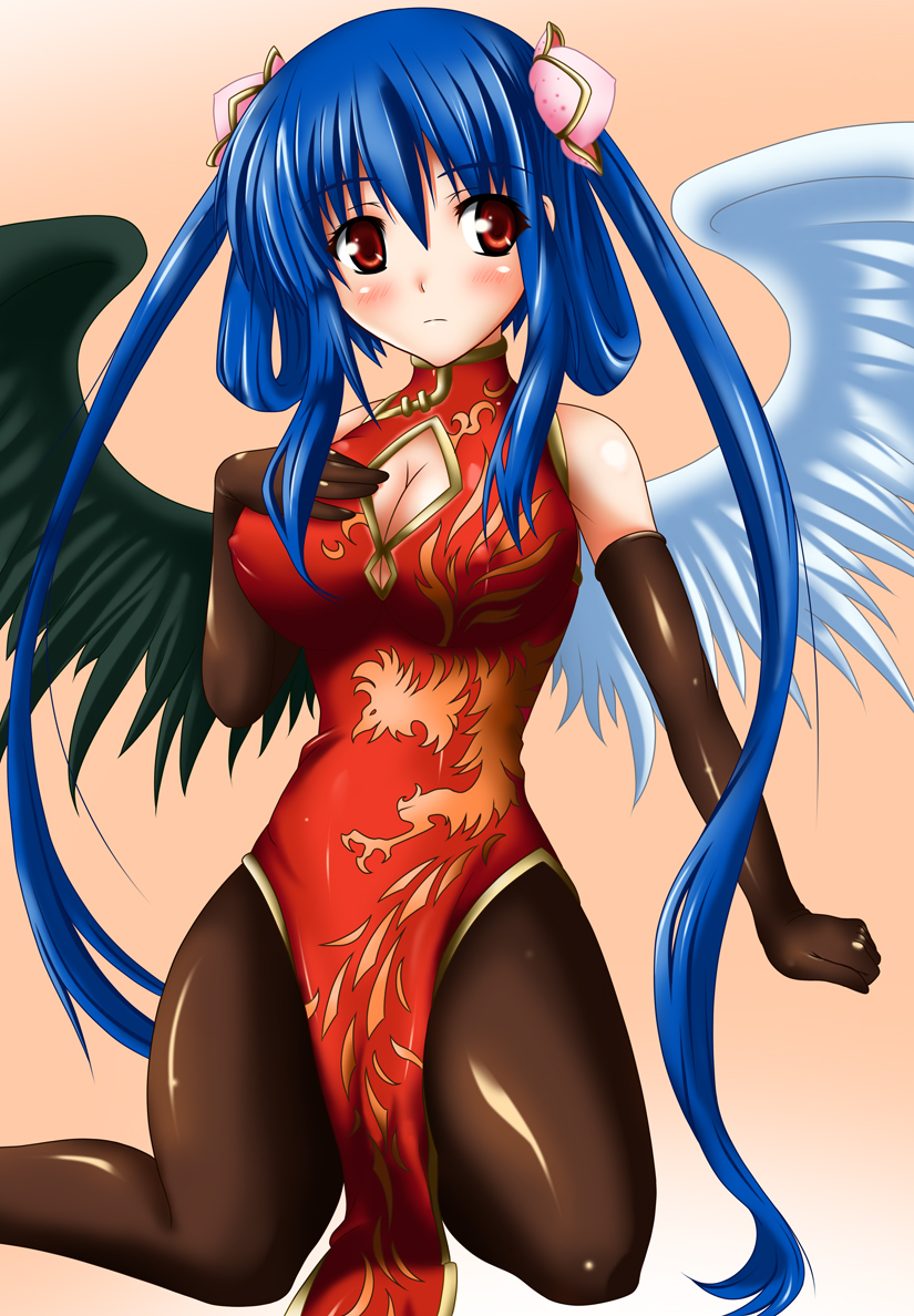 nishiumi yuuta, dizzy (guilty gear), arc system works, guilty gear, 1girl, asymmetrical wings, bare shoulders, blue hair, blush, breasts, china dress, chinese clothes, cleavage, cleavage cutout, clothing cutout, covered erect nipples, dress, elbow gloves, female focus, food, fruit, gloves, hair ornament, hair rings, halterneck, huge breasts, pantyhose, peach, red eyes, solo, tail, twintails, wings