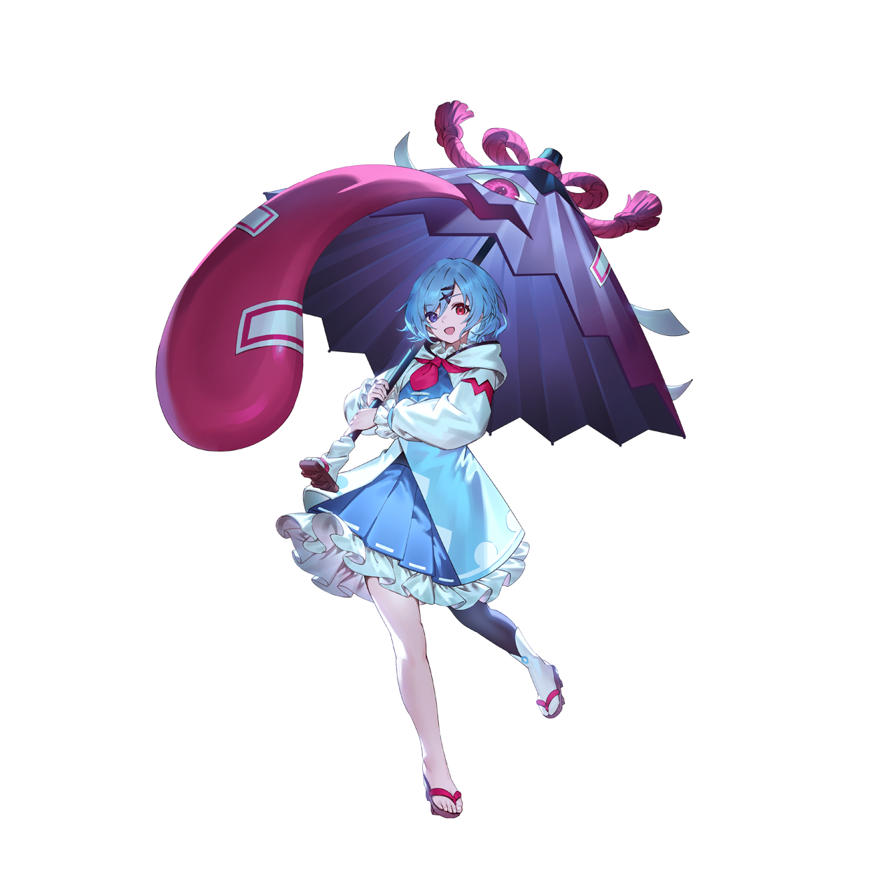 u u zan, tatara kogasa, touhou, touhou gensou eclipse, game cg, highres, non-web source, official art, second-party source, 1girl, adapted costume, black pantyhose, blue eyes, blue hair, blue skirt, frilled skirt, frills, full body, geta, hair ornament, hairclip, heterochromia, holding, holding umbrella, karakasa obake, long sleeves, looking at viewer, open mouth, pantyhose, pleated skirt, purple umbrella, red eyes, single leg pantyhose, skirt, smile, solo, tongue, transparent background, umbrella, x hair ornament