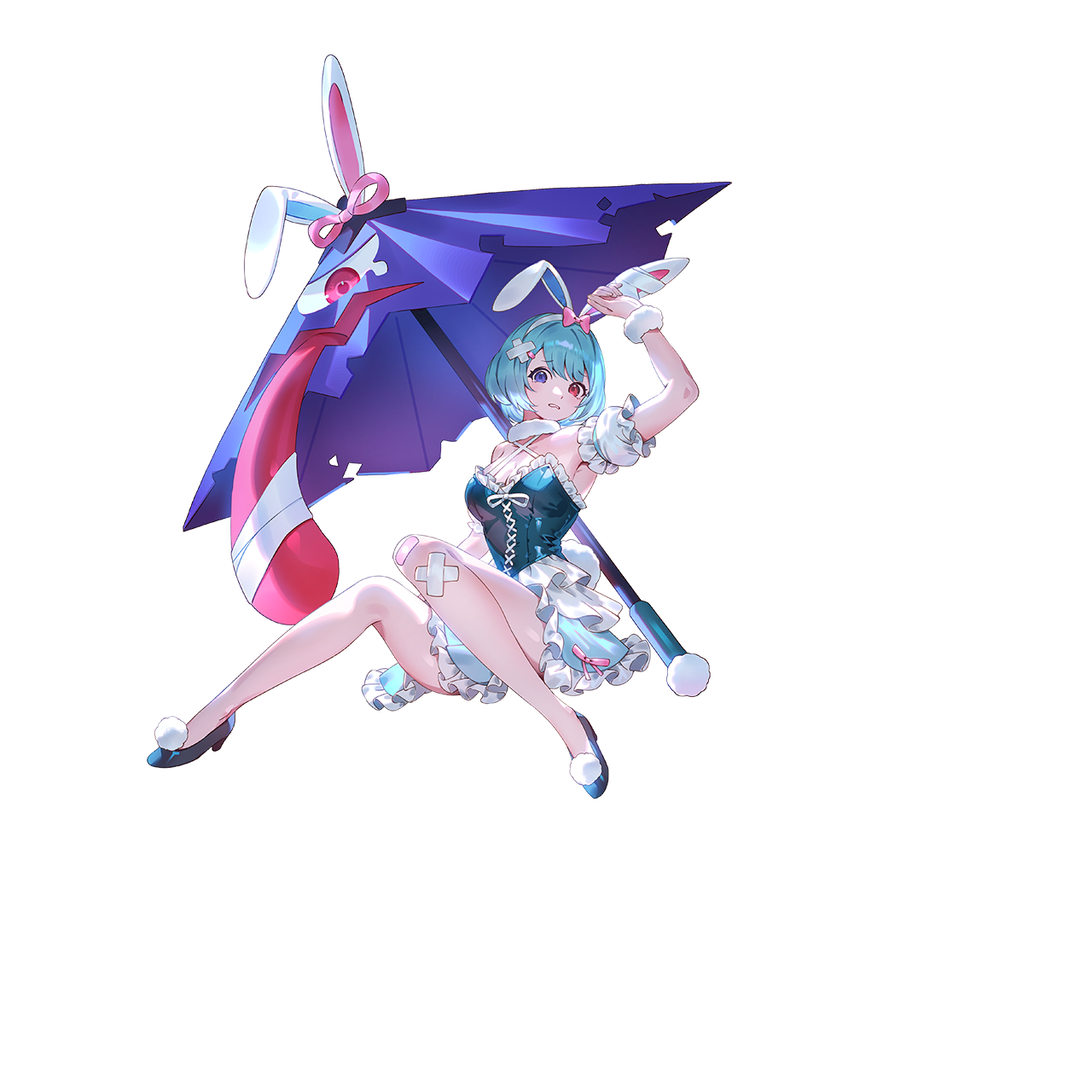 u u zan, tatara kogasa, touhou, touhou gensou eclipse, game cg, highres, non-web source, official art, second-party source, 1girl, alternate costume, animal ear hairband, animal ears, aqua hair, aqua skirt, arm up, armpits, bandaid, bandaid on knee, bandaid on leg, black shoes, blue eyes, blue leotard, breasts, cleavage, criss-cross halter, crossed bandaids, detached sleeves, fake animal ears, frilled leotard, frills, full body, hairband, halterneck, heterochromia, leotard, looking at viewer, medium breasts, playboy bunny, purple umbrella, rabbit ear hairband, rabbit ears, rabbit tail, red eyes, shoes, short hair, skirt, solo, tail, transparent background, umbrella, wrist cuffs