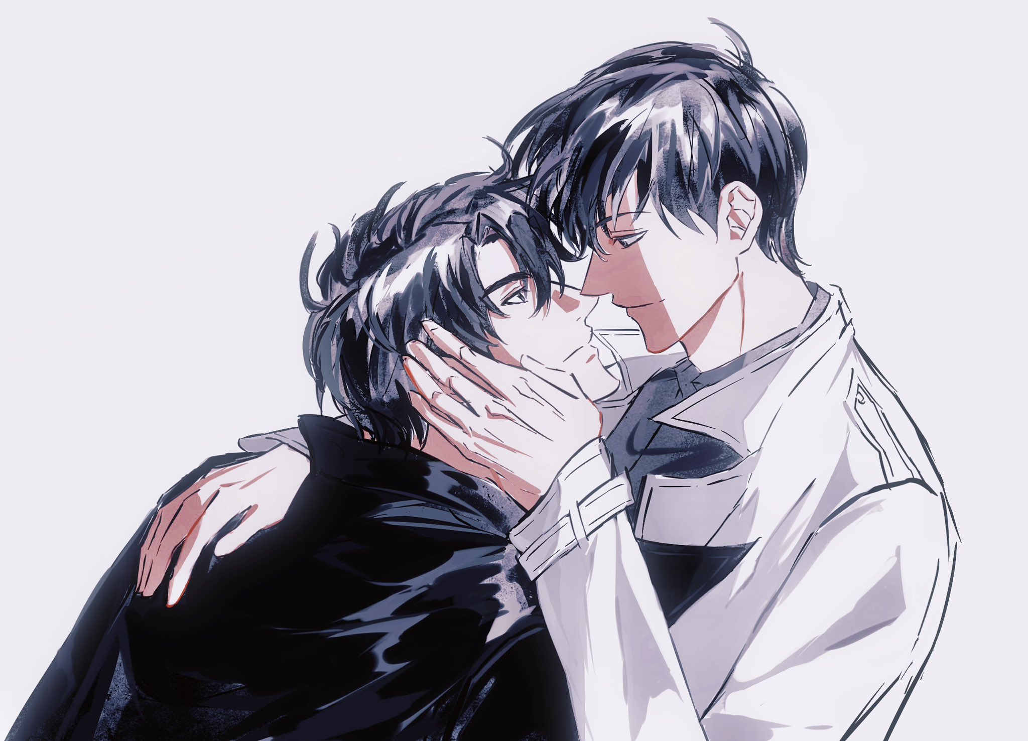 kim dokja, yoo joonghyuk, omniscient reader's viewpoint, highres, 2boys, 8d2suga9, black coat, black eyes, black hair, black shirt, coat, collared shirt, curtained hair, from side, hair between eyes, hand on another's back, hand on another's face, looking at another, male focus, multiple boys, noses touching, open clothes, open coat, popped collar, shirt, short hair, slouching, smile, upper body, white coat, yaoi