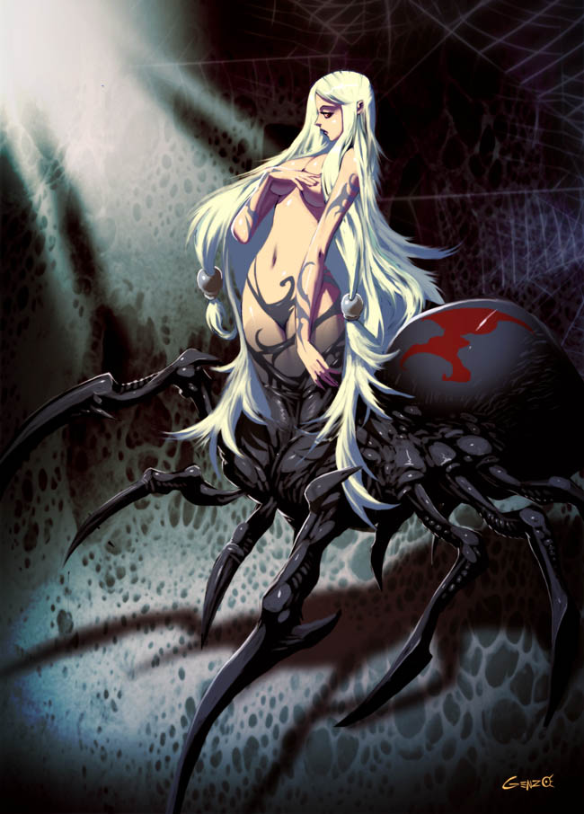 genzoman, topless, arachne, breasts, large breasts, long hair, monster girl, spider, spider girl, white hair