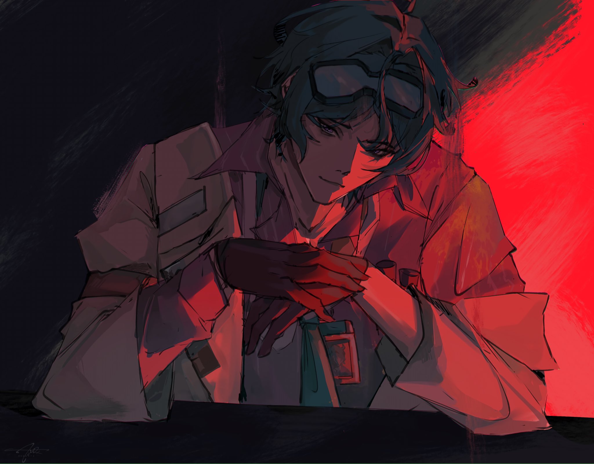 first stage production, highres, 1boy, argentichrysa, coat, elias delborne, eyewear on head, gloves, head tilt, light smile, long sleeves, red light, short hair, solo focus, virtual youtuber, white coat