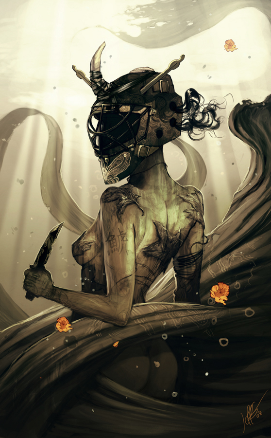 traditional media, 1girl, ass, breasts, creepy, female focus, flower, helmet, knife, monochrome, plant, solo, spot color, underwater, water