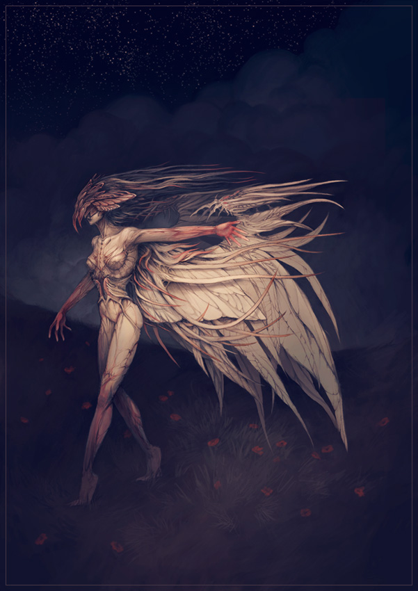 artist request, character request, source request, tagme, blood, dark, demon girl, flower, monster, monster girl, painting (action), white hair, wings