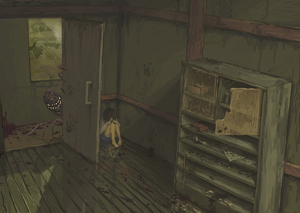 artist request, barefoot, blood, creepy, hiding, monster