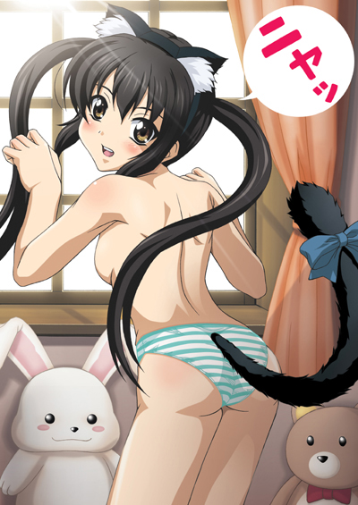 uninigumi, kooh (pangya), nakano azusa, k-on!, 00s, 1girl, animal ears, ass, black hair, breasts, brown eyes, cat ears, cat girl, cat tail, female focus, indoors, long hair, looking back, nyan, panties, paw pose, rabbit, solo, striped clothes, striped panties, stuffed animal, stuffed toy, tail, teddy bear, topless female, twintails, underwear, underwear only