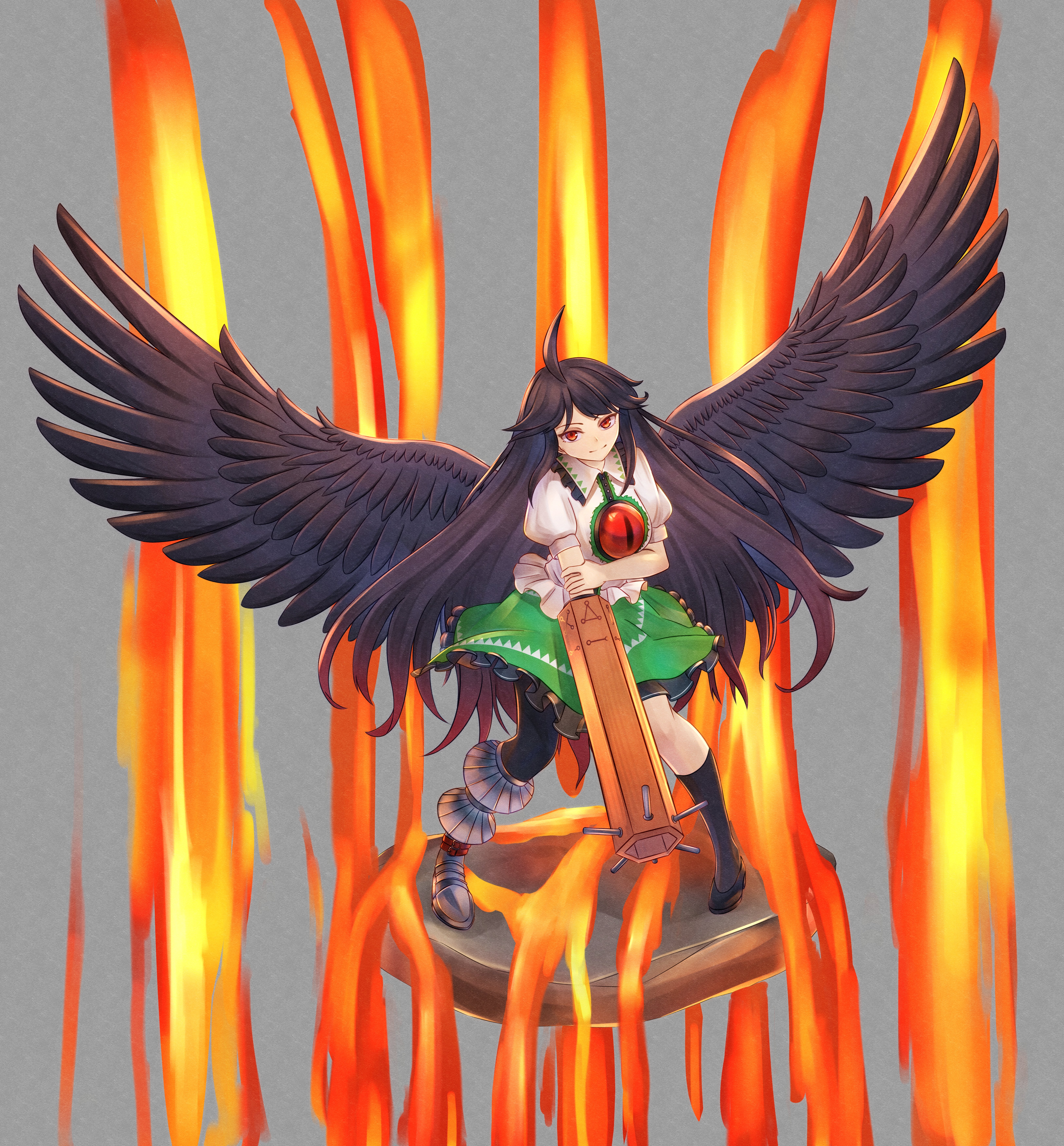 mikotouca, reiuji utsuho, touhou, absurdres, commentary, highres, variant set, 1girl, ahoge, arm cannon, asymmetrical legwear, bird wings, black hair, black shoes, black thighhighs, black wings, closed mouth, fire, full body, green skirt, grey background, holding own arm, long hair, looking at viewer, mismatched legwear, shirt, shoes, short sleeves, simple background, skirt, solo, standing, thighhighs, third eye, very long hair, weapon, white shirt, wings