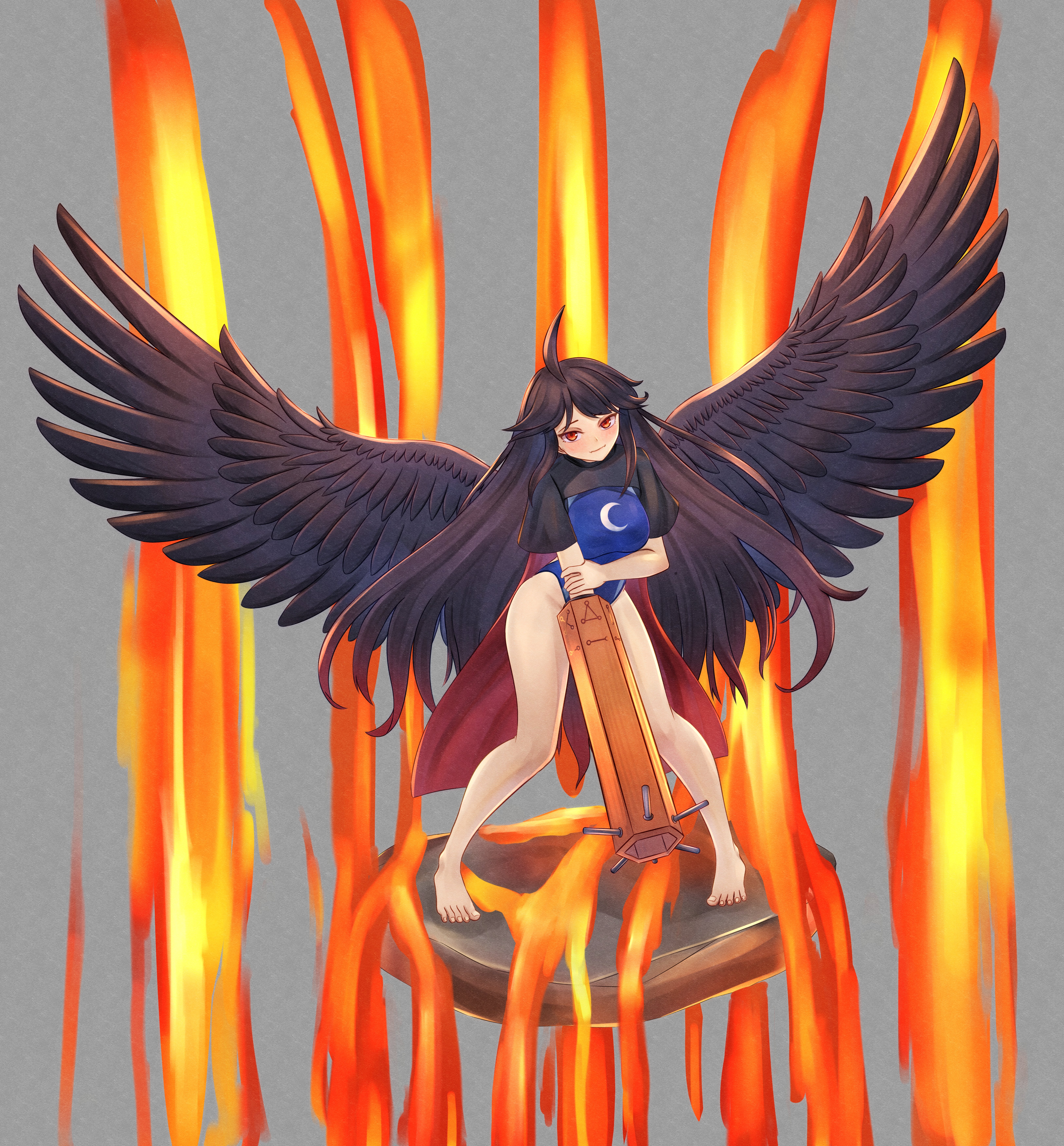 mikotouca, reiuji utsuho, touhou, absurdres, commentary, highres, variant set, 1girl, arm cannon, barefoot, bird wings, black capelet, black hair, black wings, blue one-piece swimsuit, blush, breasts, cape, capelet, closed mouth, crescent print, fire, full body, grey background, holding own arm, large breasts, legs, long hair, looking at viewer, one-piece swimsuit, red cape, simple background, solo, standing, swimsuit, very long hair, weapon, wings