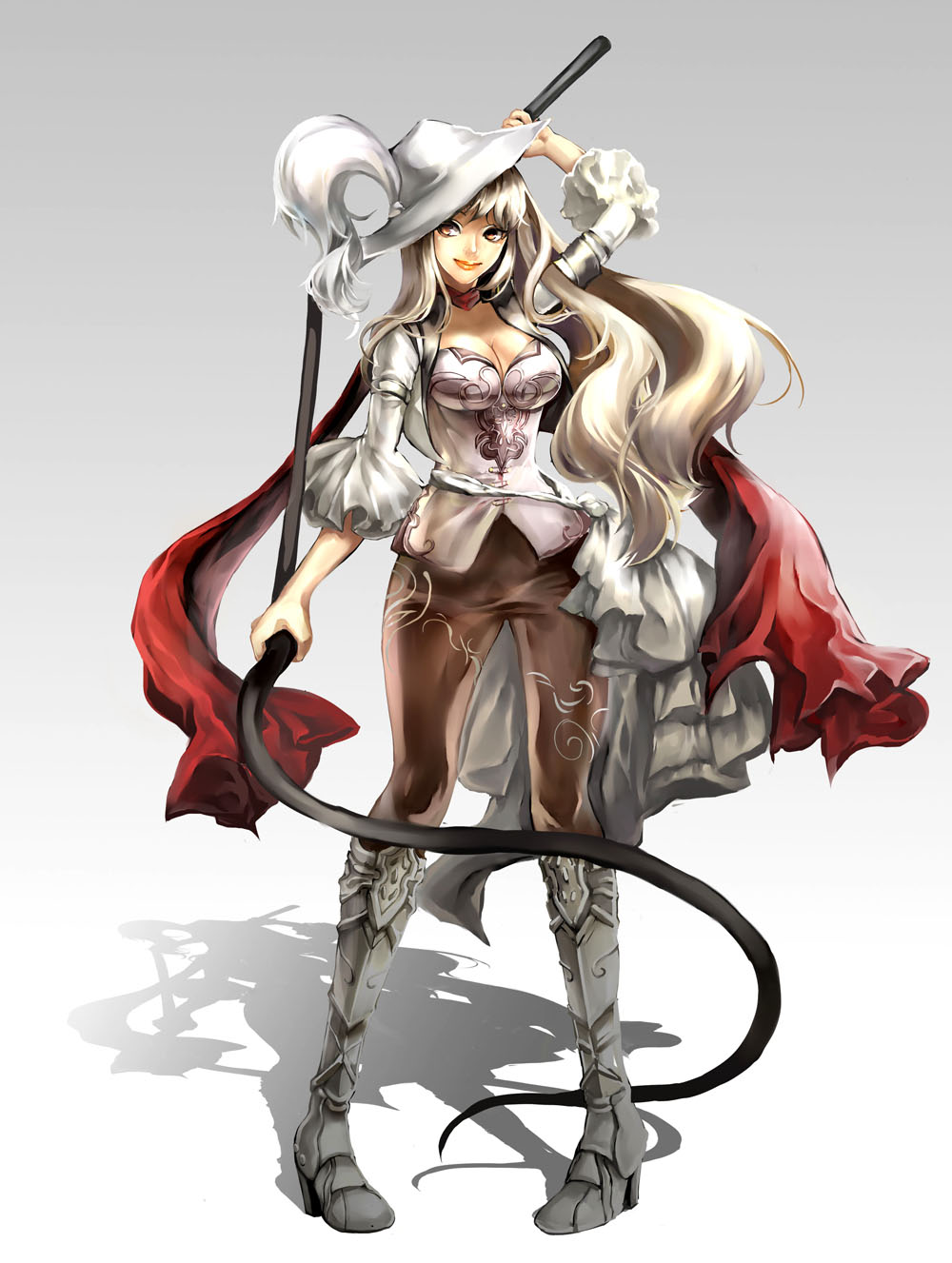 muse (rainforest), original, silver hair, highres, 1girl, boots, breasts, brown eyes, cleavage, female focus, frills, hat, large breasts, lips, long hair, shadow, smile, solo, whip