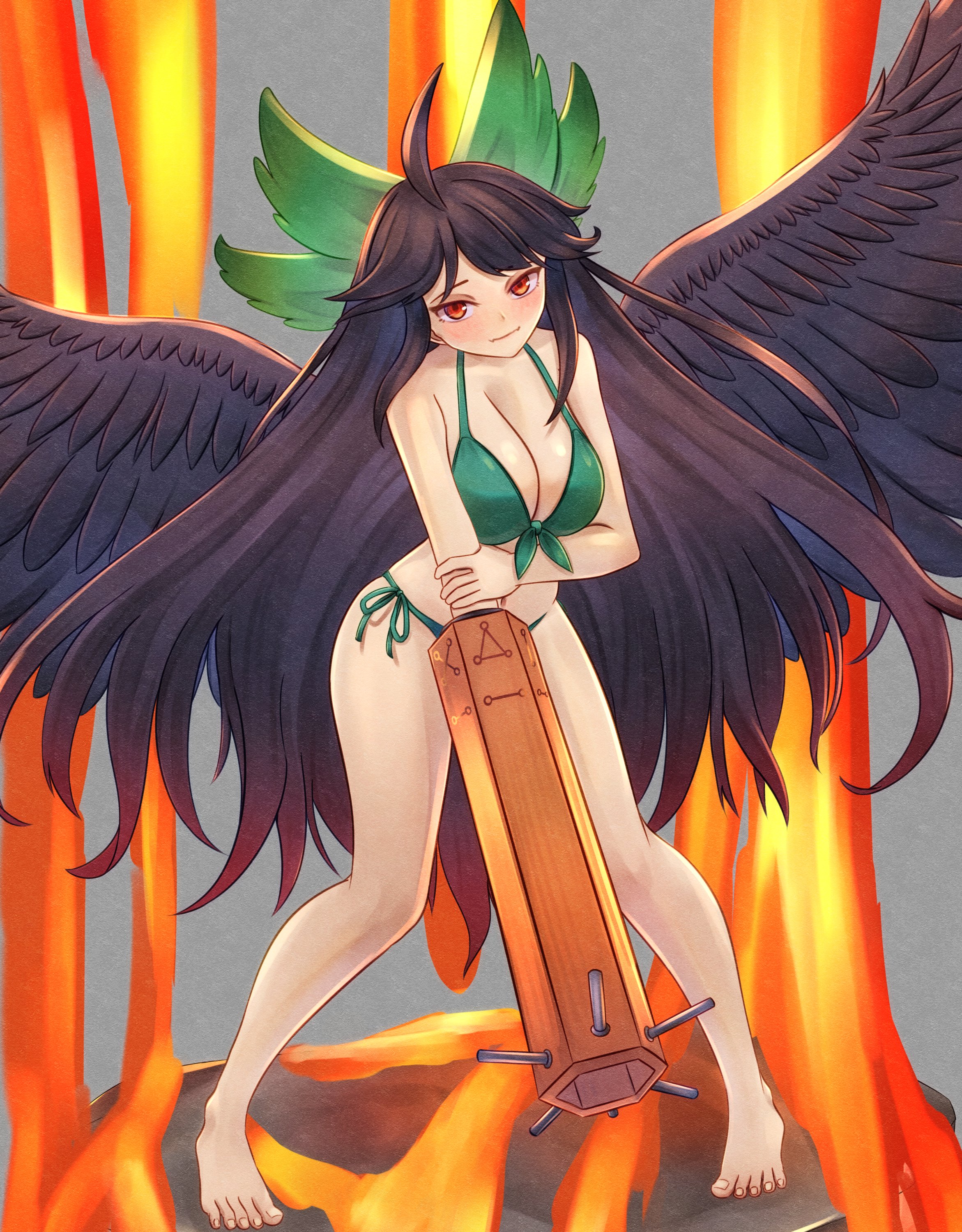 mikotouca, reiuji utsuho, touhou, absurdres, commentary, highres, variant set, 1girl, ahoge, arm cannon, barefoot, bikini, bird wings, black hair, black wings, blush, bow, breasts, cleavage, closed mouth, fire, full body, green bikini, green bow, grey background, hair bow, holding own arm, large breasts, long hair, looking at viewer, simple background, solo, standing, swimsuit, very long hair, weapon, wings
