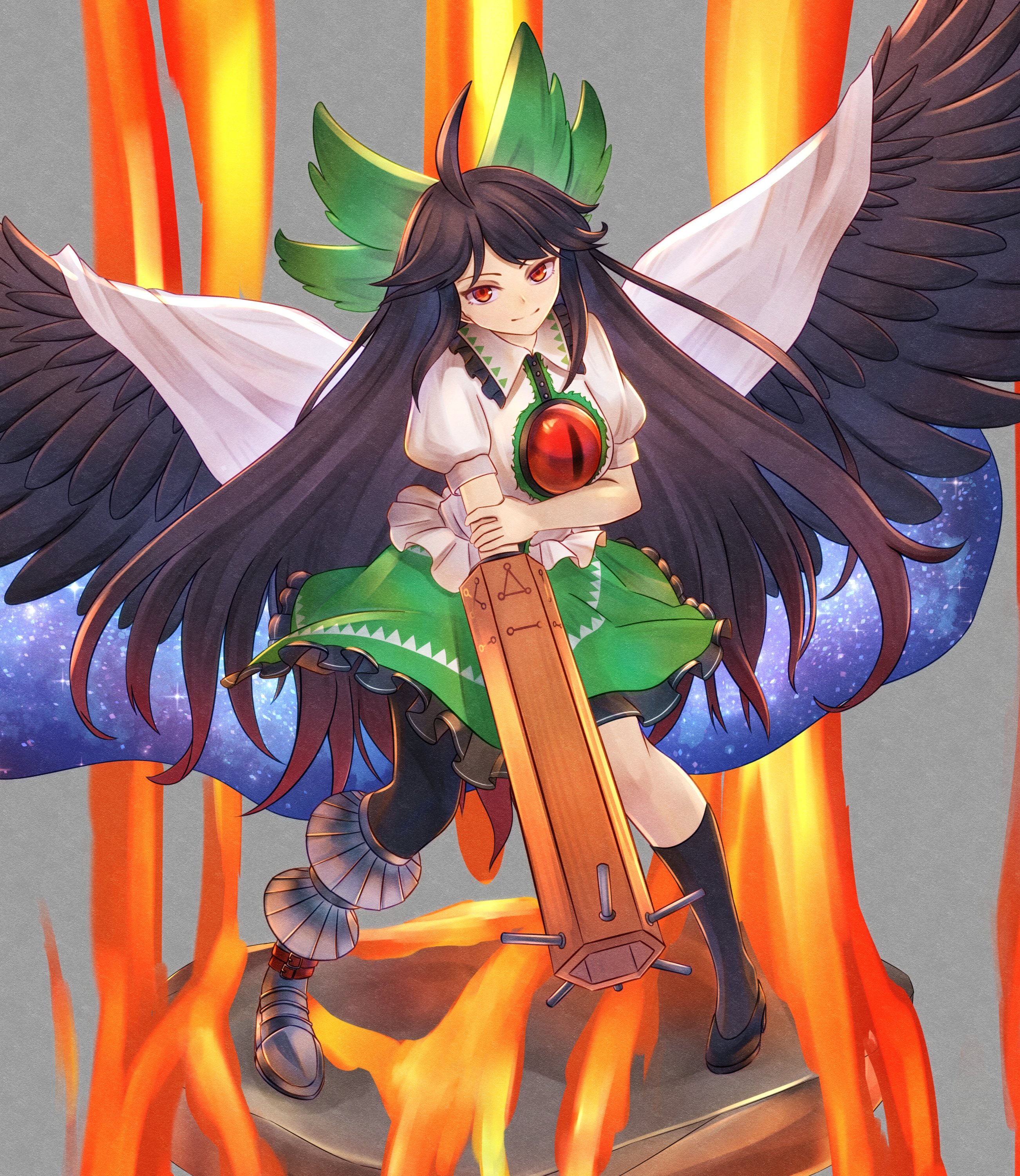 mikotouca, reiuji utsuho, touhou, absurdres, commentary, highres, variant set, 1girl, ahoge, arm cannon, asymmetrical legwear, bird wings, black hair, black shoes, black thighhighs, black wings, bow, closed mouth, fire, full body, green bow, green skirt, grey background, hair bow, holding own arm, long hair, looking at viewer, mismatched legwear, shirt, shoes, short sleeves, simple background, skirt, solo, standing, thighhighs, third eye, very long hair, weapon, white shirt, wings
