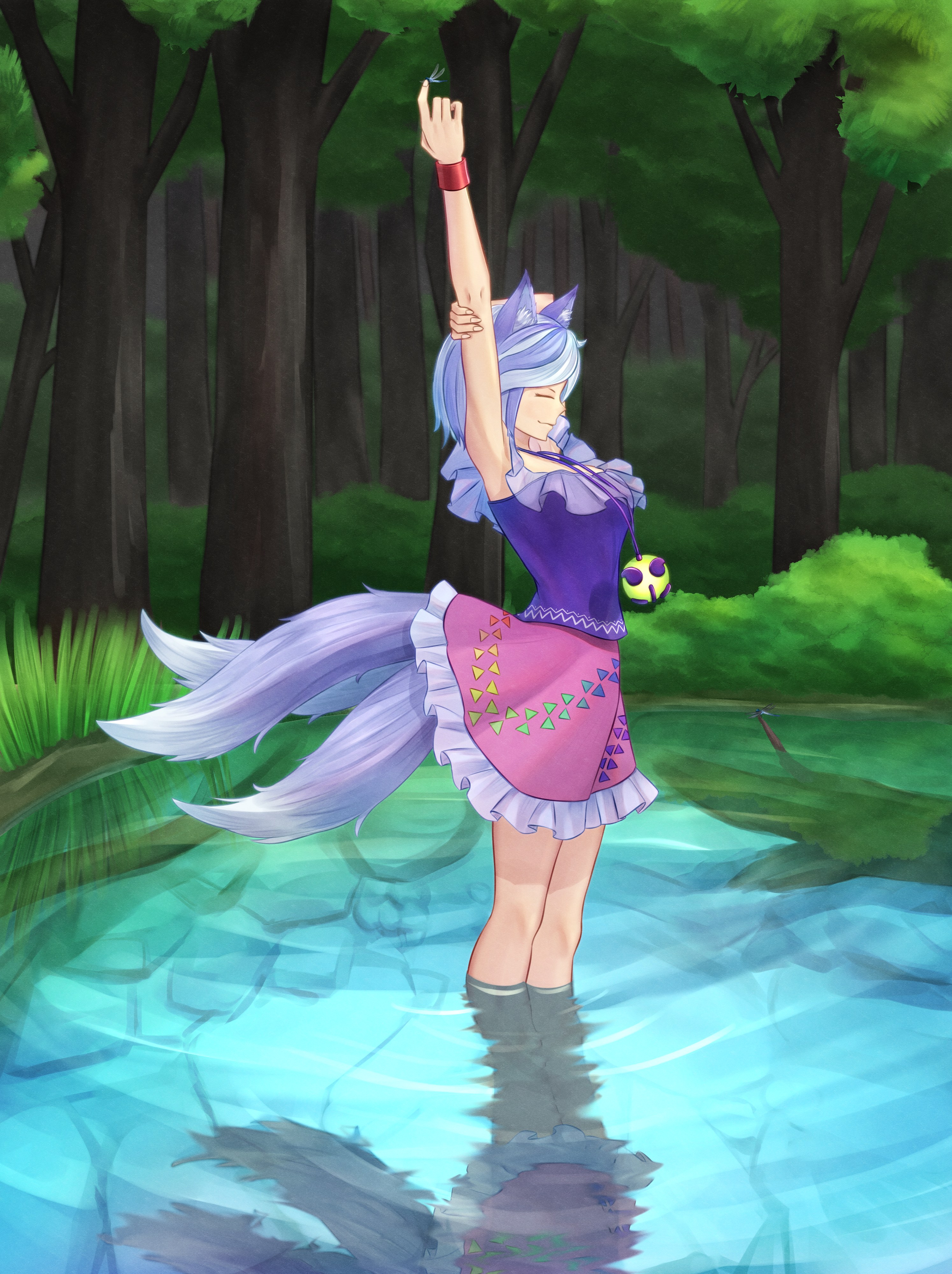 mikotouca, mitsugashira enoko, touhou, absurdres, commentary, highres, variant set, 1girl, animal ears, arm up, closed eyes, closed mouth, dog ears, dog girl, extra tails, forest, frilled skirt, frills, from side, full body, gradient tail, grey hair, holding own arm, nature, outdoors, pink skirt, purple hair, purple shirt, rainbow print, shirt, short hair, skirt, sleeveless, sleeveless shirt, solo, standing, stretching, wading