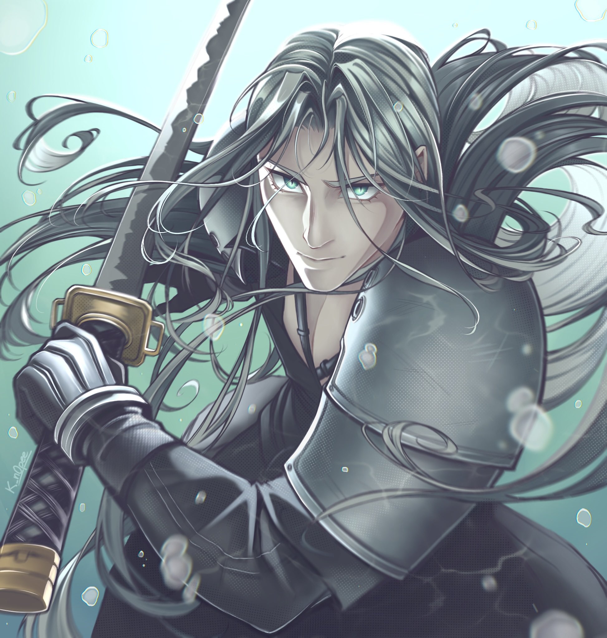 sephiroth, final fantasy, final fantasy vii, final fantasy vii rebirth, final fantasy vii remake, commentary, highres, symbol-only commentary, 1boy, air bubble, armor, black coat, black gloves, bubble, chest strap, closed mouth, coat, fighting stance, floating hair, gloves, grey hair, holding, holding sword, holding weapon, k n0pee, long hair, looking at viewer, male focus, masamune (ff7), parted bangs, shoulder armor, solo, sword, underwater, upper body, weapon