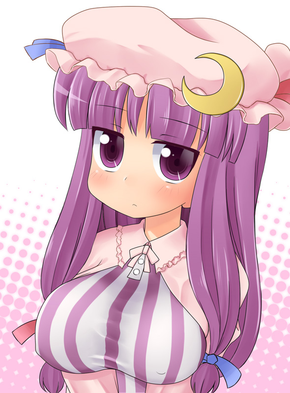 katou, katou kaiou, patchouli knowledge, touhou, tagme, 1girl, breasts, female focus, hat, solo, upper body, white background