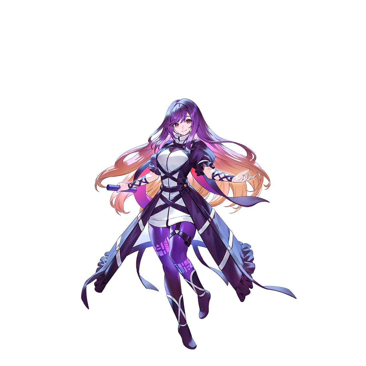 u u zan, hijiri byakuren, touhou, touhou gensou eclipse, game cg, highres, non-web source, official art, second-party source, 1girl, adapted costume, black boots, black coat, blonde hair, boots, closed mouth, coat, cross-laced clothes, dress, full body, gradient hair, long hair, looking at viewer, multicolored hair, pantyhose, purple hair, purple pantyhose, short sleeves, smile, solo, thigh strap, transparent background, very long hair, yellow eyes